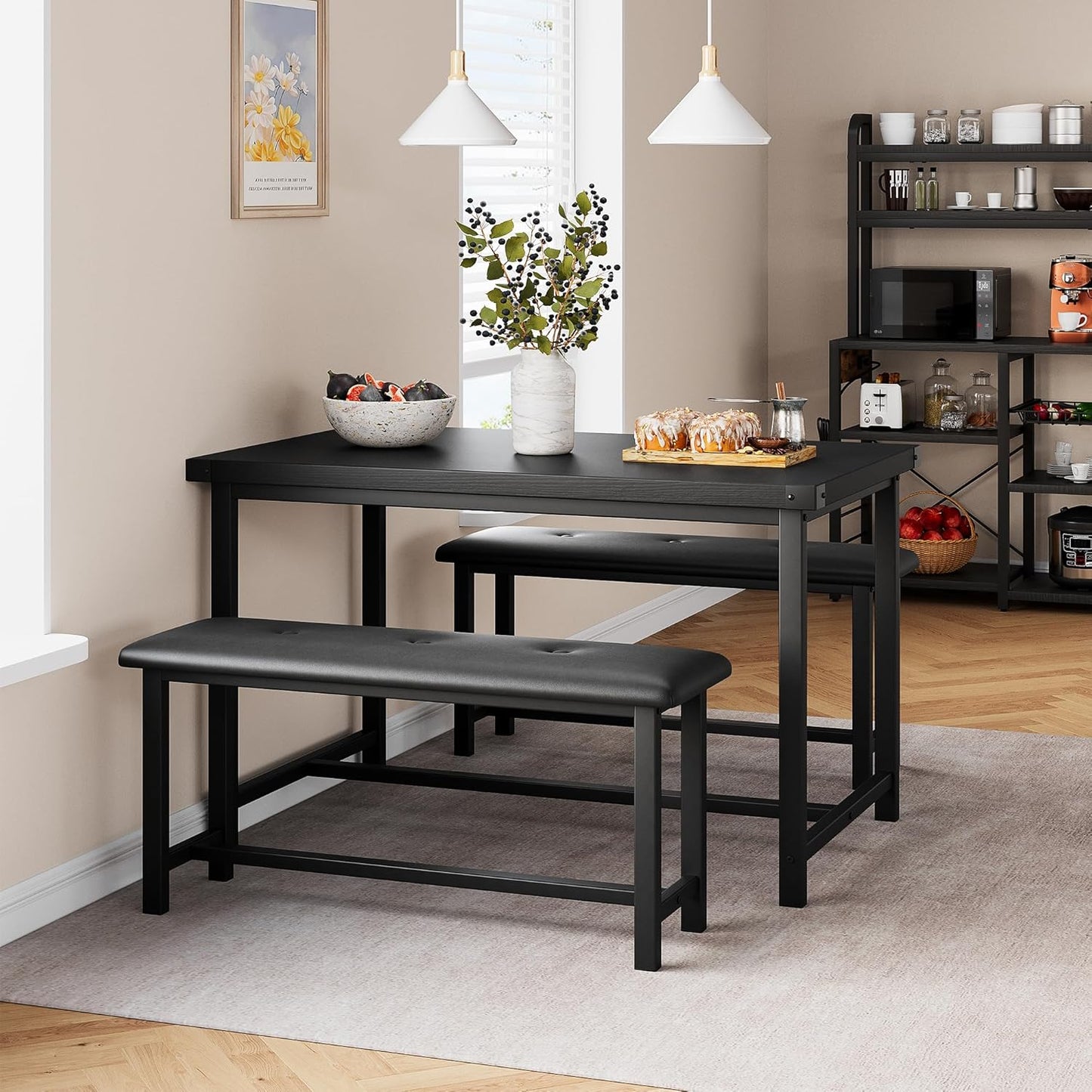 Dining Table Set for 4, Kitchen Table with 2 Upholstered Benches, 3-Piece Dining Room Set for Kitchen, Apartment and Small Spaces, Black