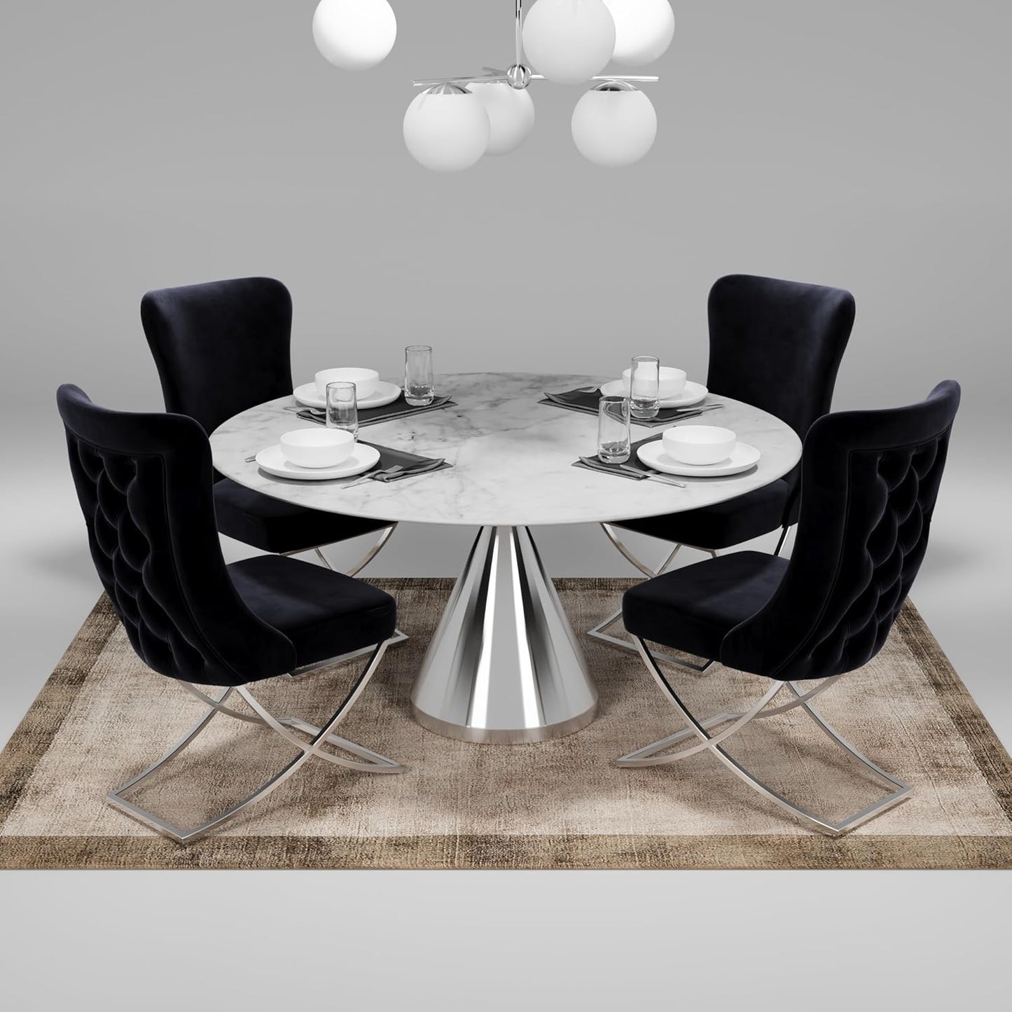 Ottomanson Royal Dining Chairs Set of 4 – Upholstered Tufted Microfiber, Assembled, Silver Metal Legs, Beech Wood Frame, 350 lb Capacity, Black