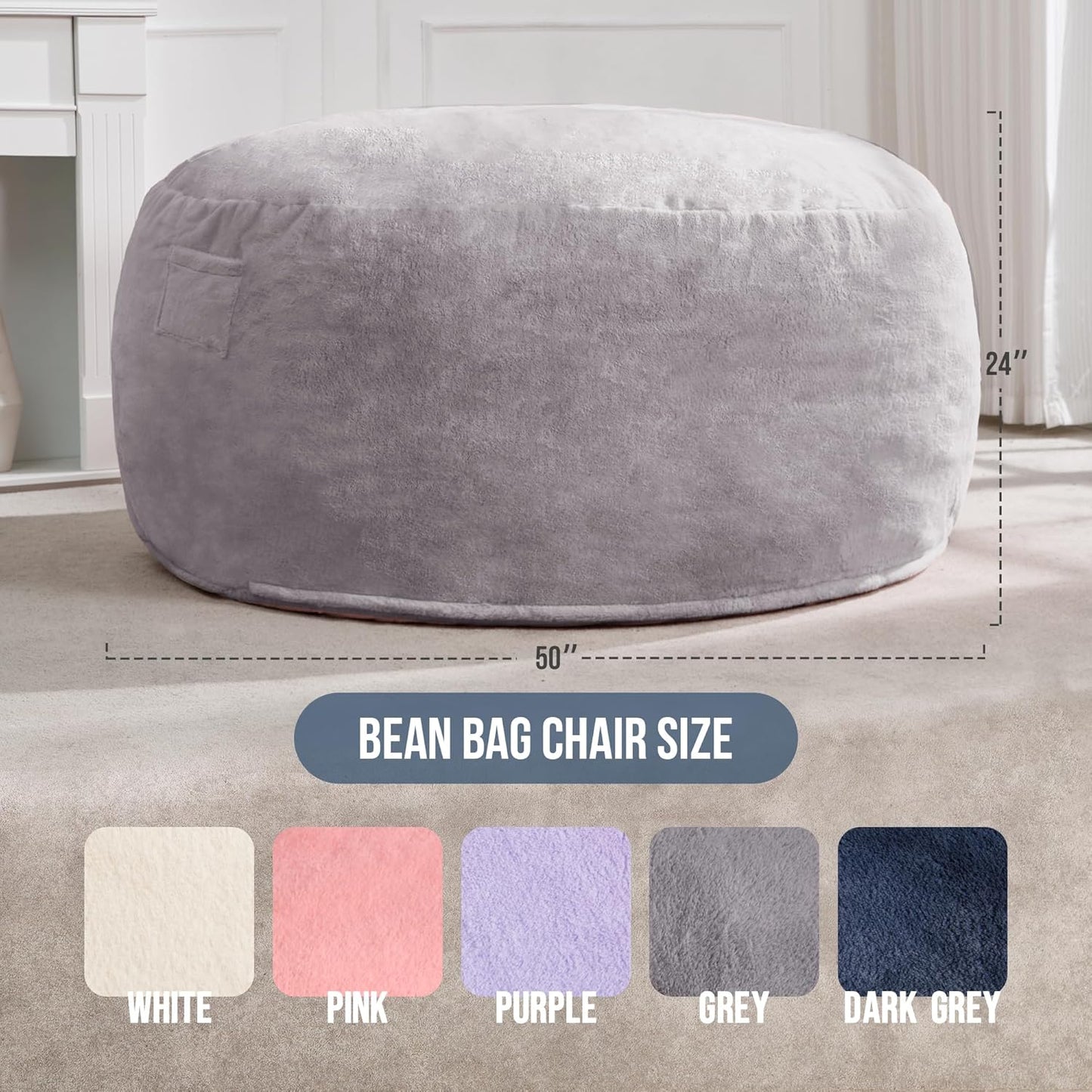 Hobestluk 5ft Bean Bag Chairs for Adults Large Beanbag Chair with Plush Faux Fur Cover Big Bean Bag Chair for Living Room Bedroom Dorm Office - Grey (50” x 50” x 24”)