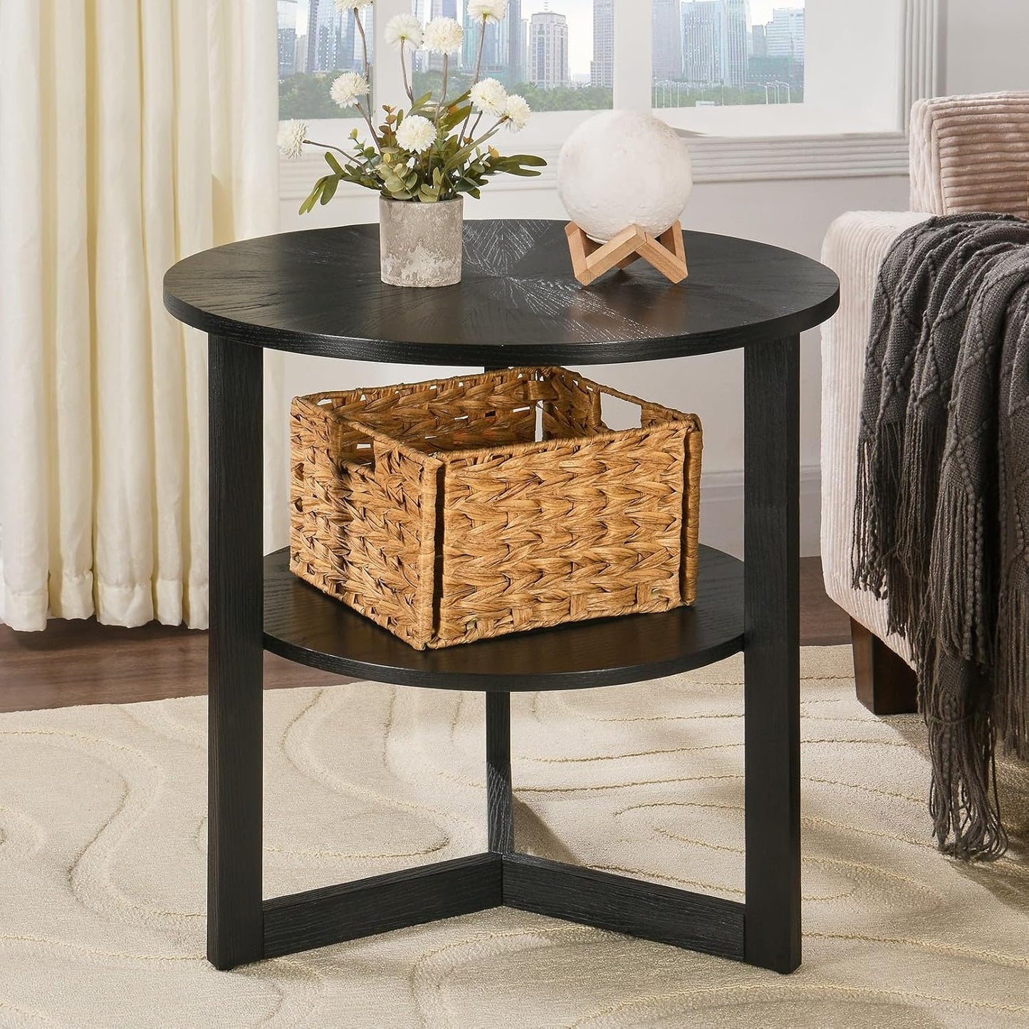 Large Round End Table with Storage Shelf, Rustic Beside Tables with Umbrella Top,Traditional Circular Sofa Side Table, 25.2”D Telephone Table for Living Room Easy Assembly Brushed Black CJZ3338BK