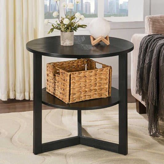 Large Round End Table with Storage Shelf, Rustic Beside Tables with Umbrella Top,Traditional Circular Sofa Side Table, 25.2”D Telephone Table for Living Room Easy Assembly Brushed Black CJZ3338BK