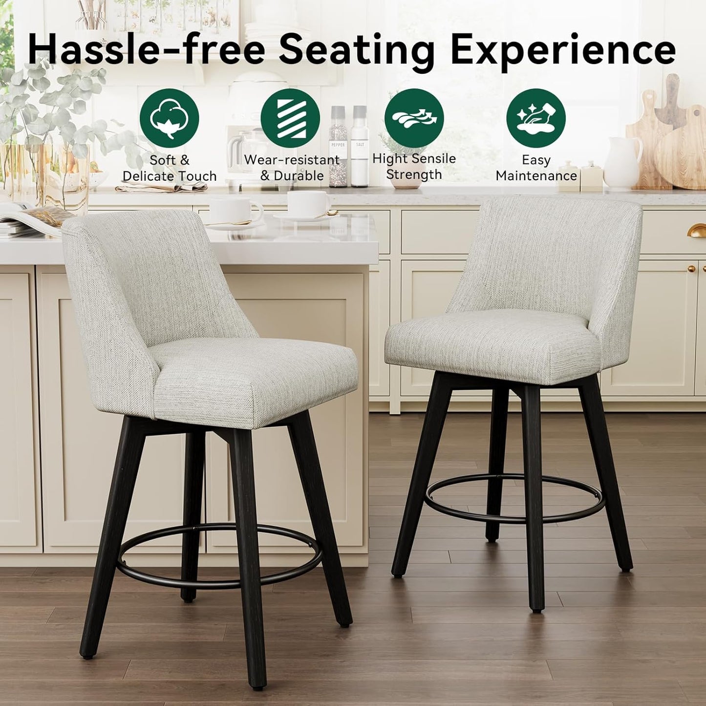 Vipbear Swivel Counter Height Bar Stools Set of 2,26.8" H Counter Stools with Back, Mid Century Modern Bar Stools for Kitchen Island,Linen Fabric,Wooden Base, White