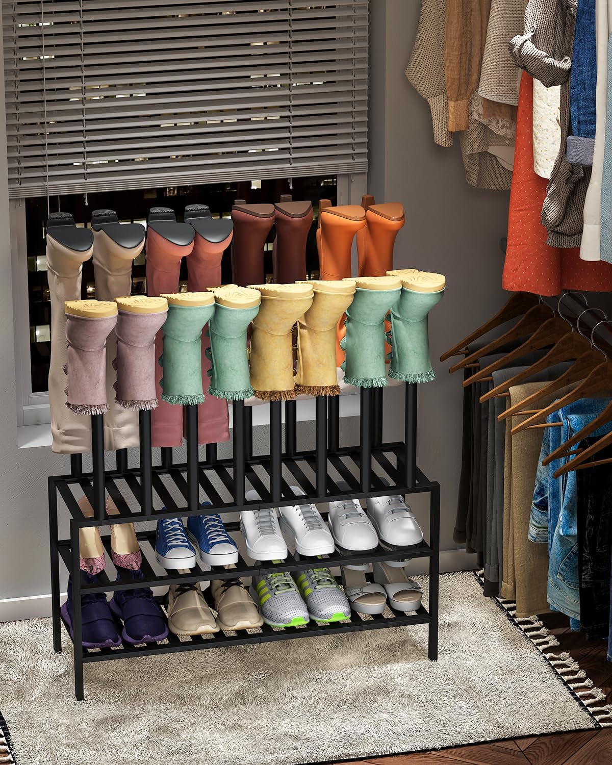 Black Boot Rack, Long Boot Rack Organizer Tall Boots with Shoe Rack for Closet, Bamboo Wood Shoe Shelf Storage Organizer for Entryway Small Space