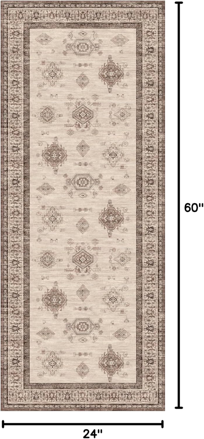 2X5 Area Rugs Machine Washable Rugs for Living Room, Vintage Boho Large Rugs for Bedroom Dining Room, Non Slip Indoor Soft Distressed Lightweight Thin Low Pile Carpet, Beige