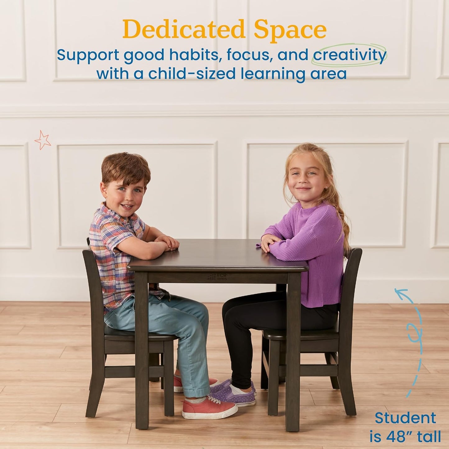 ECR4Kids 24in x 24in Hardwood Table and Chair Set, 12in Seat Height, Kids Furniture, Grey Wash