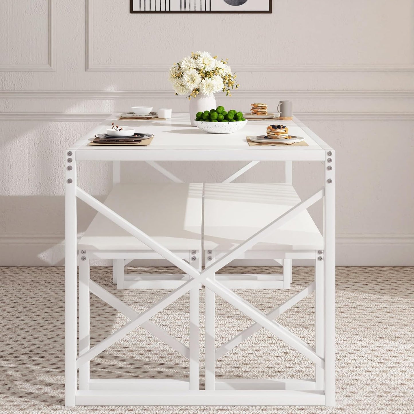 VECELO Kitchen Dining Table Set for 4 to 6, 55" Wood Dinette 2 Benches with Metal Frame for Dinner Breakfast Nook and Small Space, White