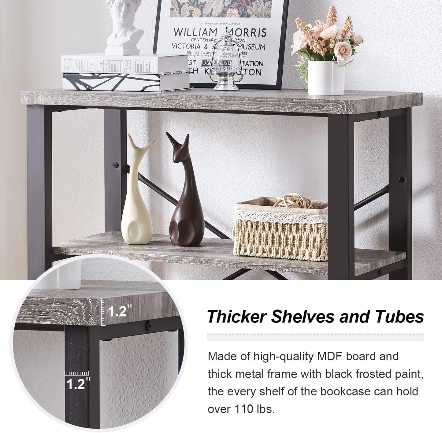 HOMBAZAAR 3 Tier Bookshelf,Grey Industrial Book Shelf,Engineered Wood and Metal Deep Bookshelves,Low Shelf Bookcase for Living Room,Office,Bedroom and Kitchen