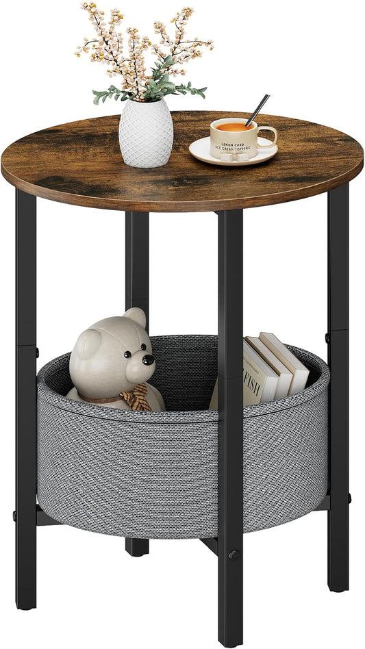 Vagusicc Round Side Table End Table with Storage Basket, Small Side Table Round Nightstand for Small Spaces, Tall Oval End Table with Steel Frame, Coffee Bedside Table for Living Room, Rustic Brown