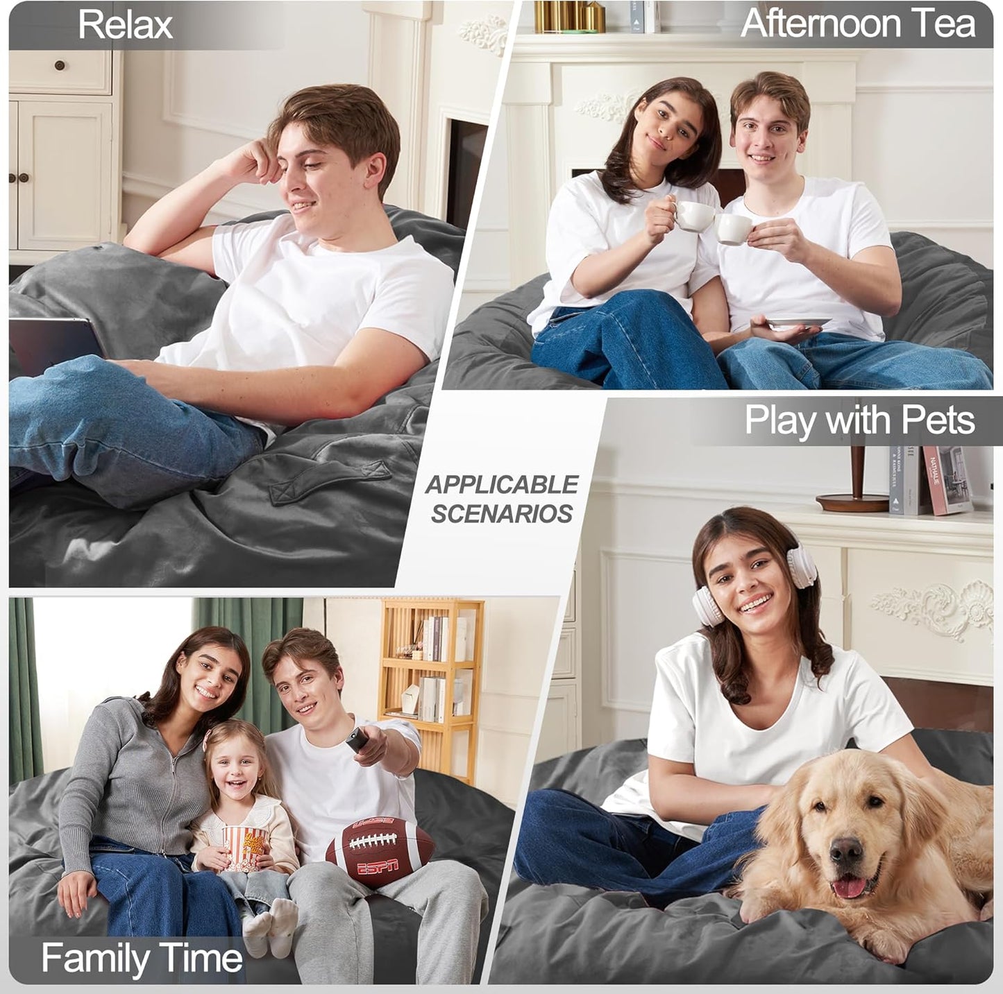 Homguava 6FT Bean Bag Chair Giant BeanBag with Memory Foam Filled, Large Bean Bag Chairs for Adults, Adult Bean Bag Chair with Dutch Velvet Cover for Living Room Bedroom-Grey