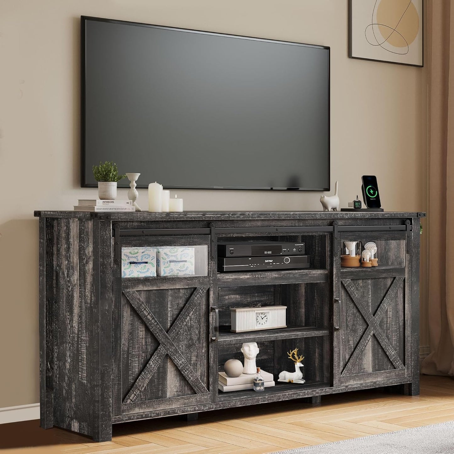 YITAHOME Farmhouse TV Stands for 75 Inch TV with Power Outlets, Entertainment Center with Sliding Barn Doors and Adjustable Shelves, TV Cabinet Media Console Table for Living Room, Dark Rustic Oak