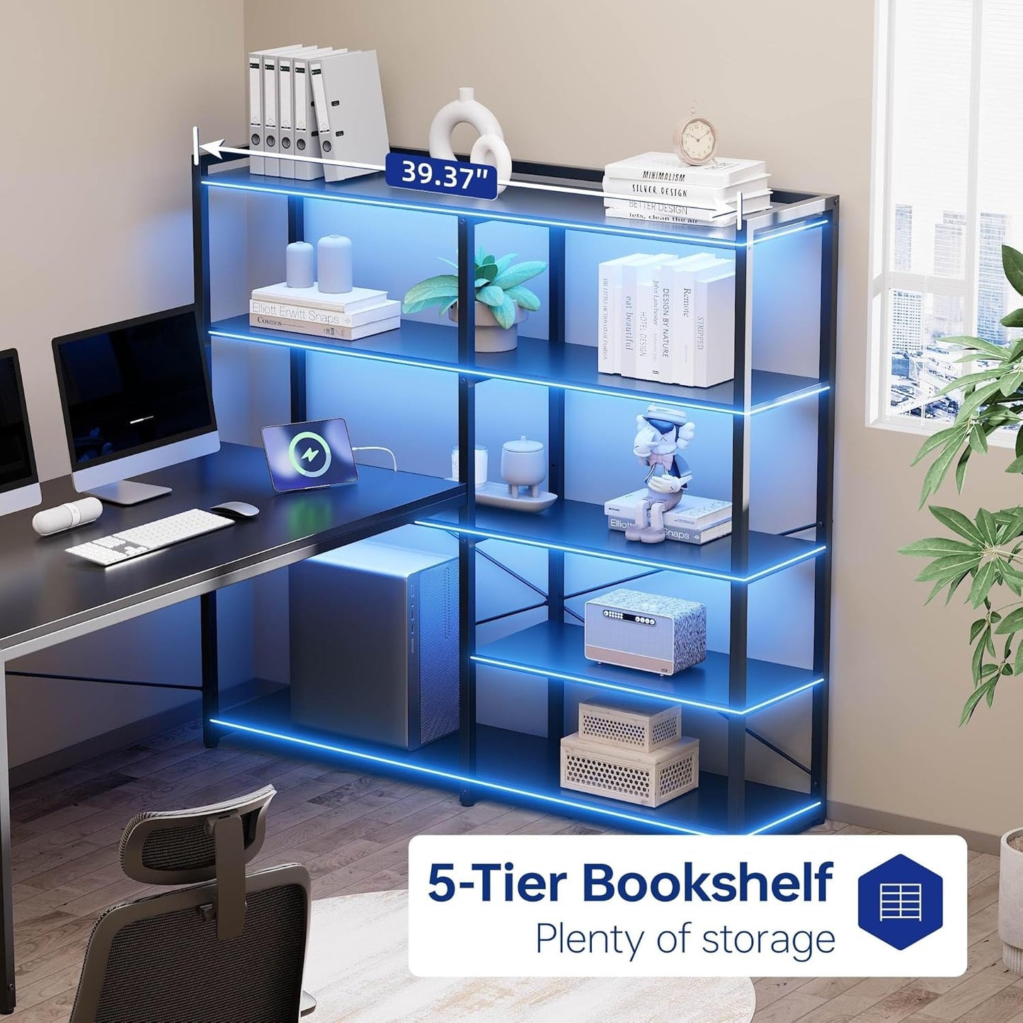 Pamray L Shaped Computer Desk with Reversible Side Storage Shelves, 49 Inch Gaming Desk with Power Outlets and Led Lights, PC Table for Home Office and Bedroom Black