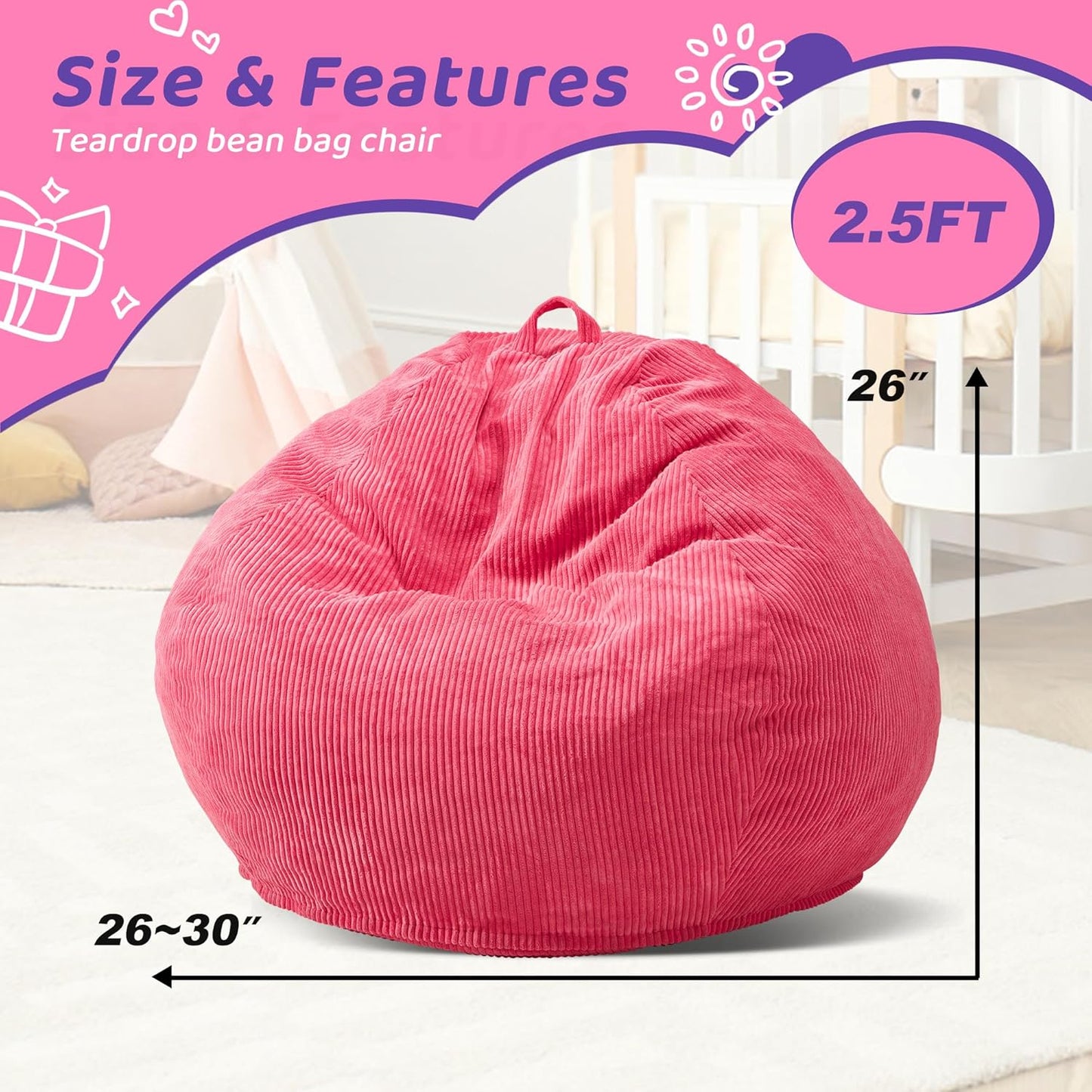 Bean Bag Chairs Teardrop Bean Bag Chair Beanbag Chair with Memory Foam Filled Machine Washable Cover for Living Room, Bedroom (Small,Pink)