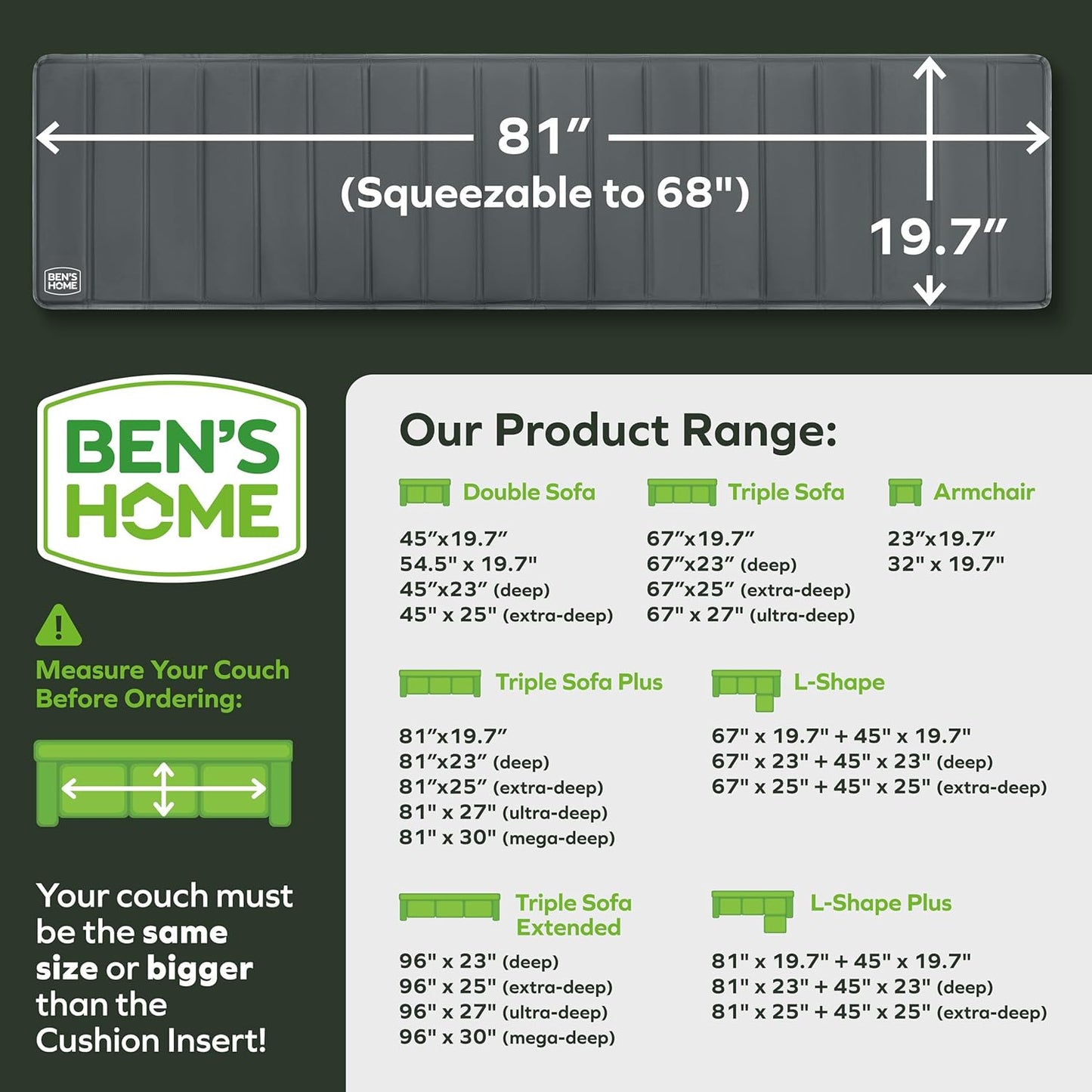 BEN'SHOME® Large Couch Cushion Support for fix Sagging Seats - Heavy Duty Solid Wood Sofa Support Board | Adjustable 68"-81" x 19.7" Under Cushion Insert | Non-Slip Furniture Saver | 400 LB Capacity