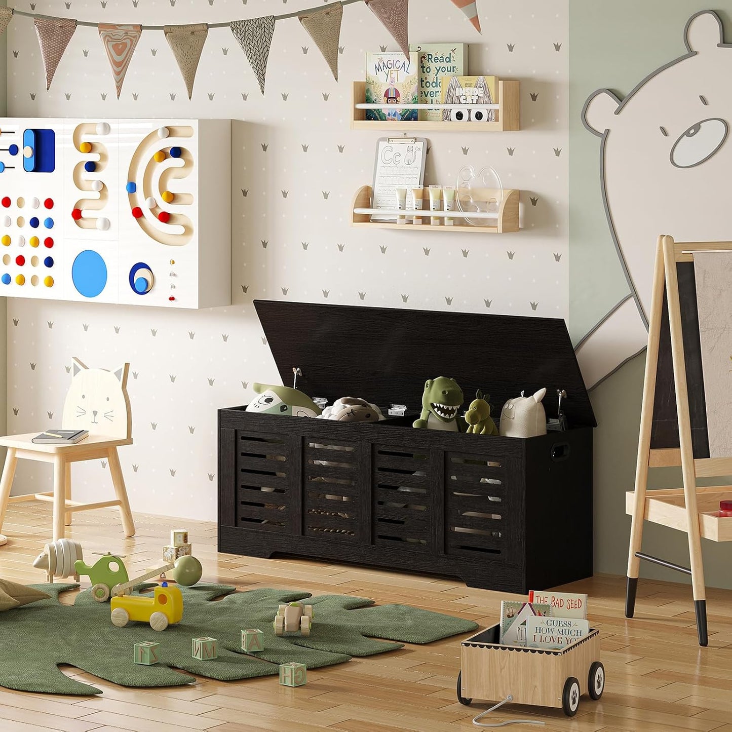 DINZI LVJ Storage Chest, 47.3” Wooden Toy Box with 2 Safety Hinges, Retro Entryway Shoe Storage Bench with Flip-Top, Sturdy Large Storage Trunk for Living Room, Bedroom, Easy Assembly, Espresso