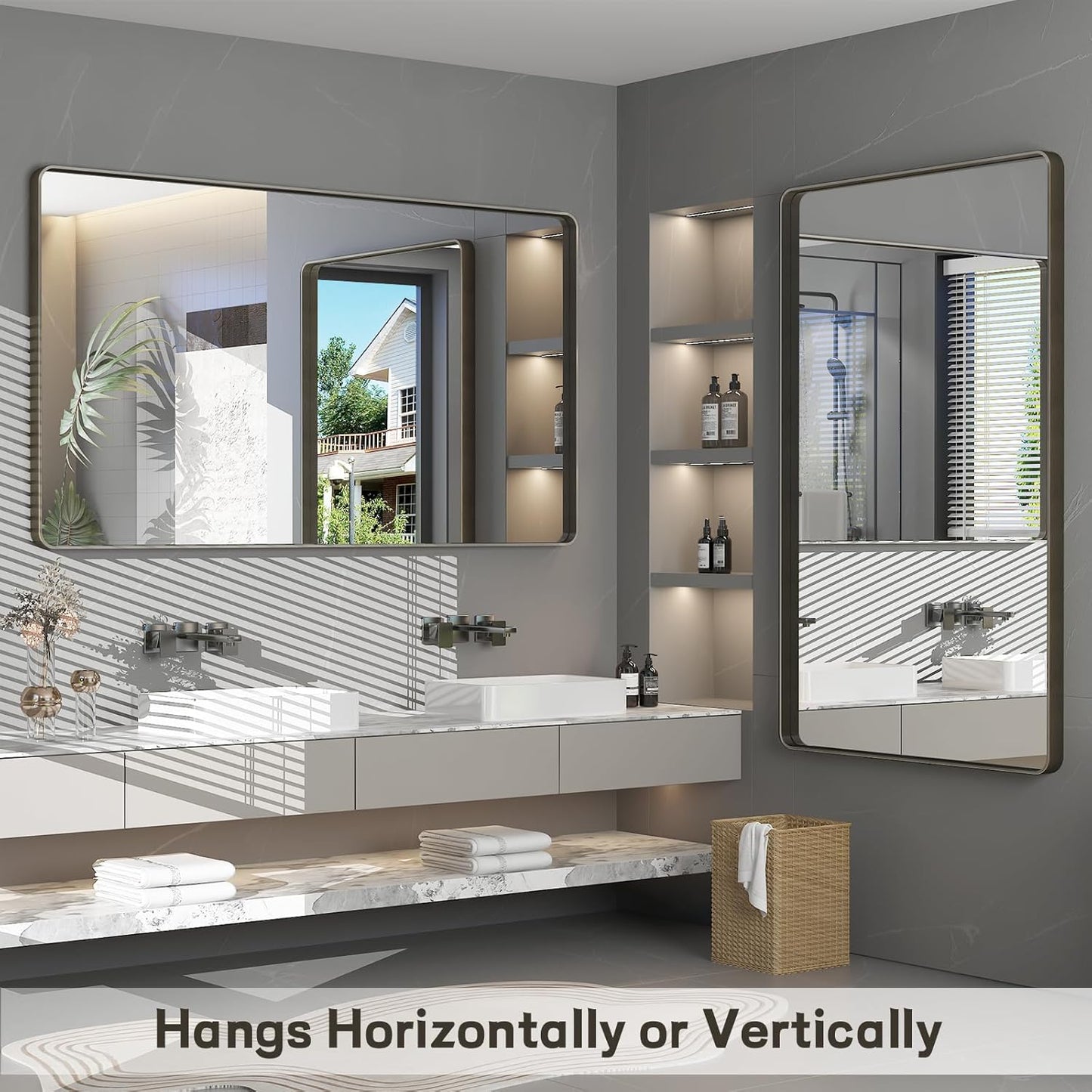 40x30 Bronze Framed Bathroom Mirror, Brushed Bronze Metal Vanity Mirror, Bronze Rectangle Mirror for Wall, Rounded Corner, Tempered Glass, Anti-Rust, Shatterproof (Horizontal/Vertical)