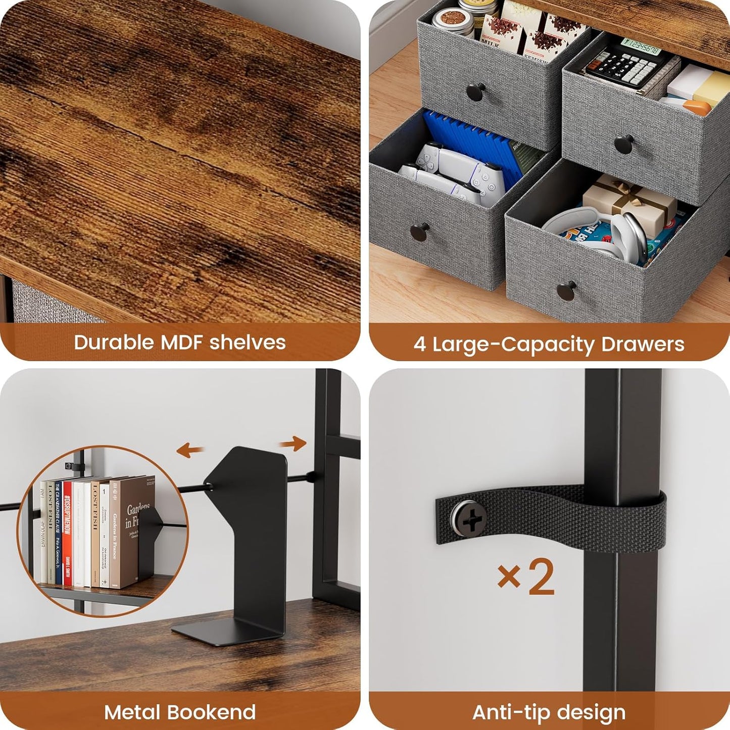 5 Tier Bookshelf, Modern Bookcase with Bookends and 4 Drawers Storage Organizer, Metal Industrial Display Shelf, Free Standing Storage Shelving Unit for Bedroom, Living Room and Home Office