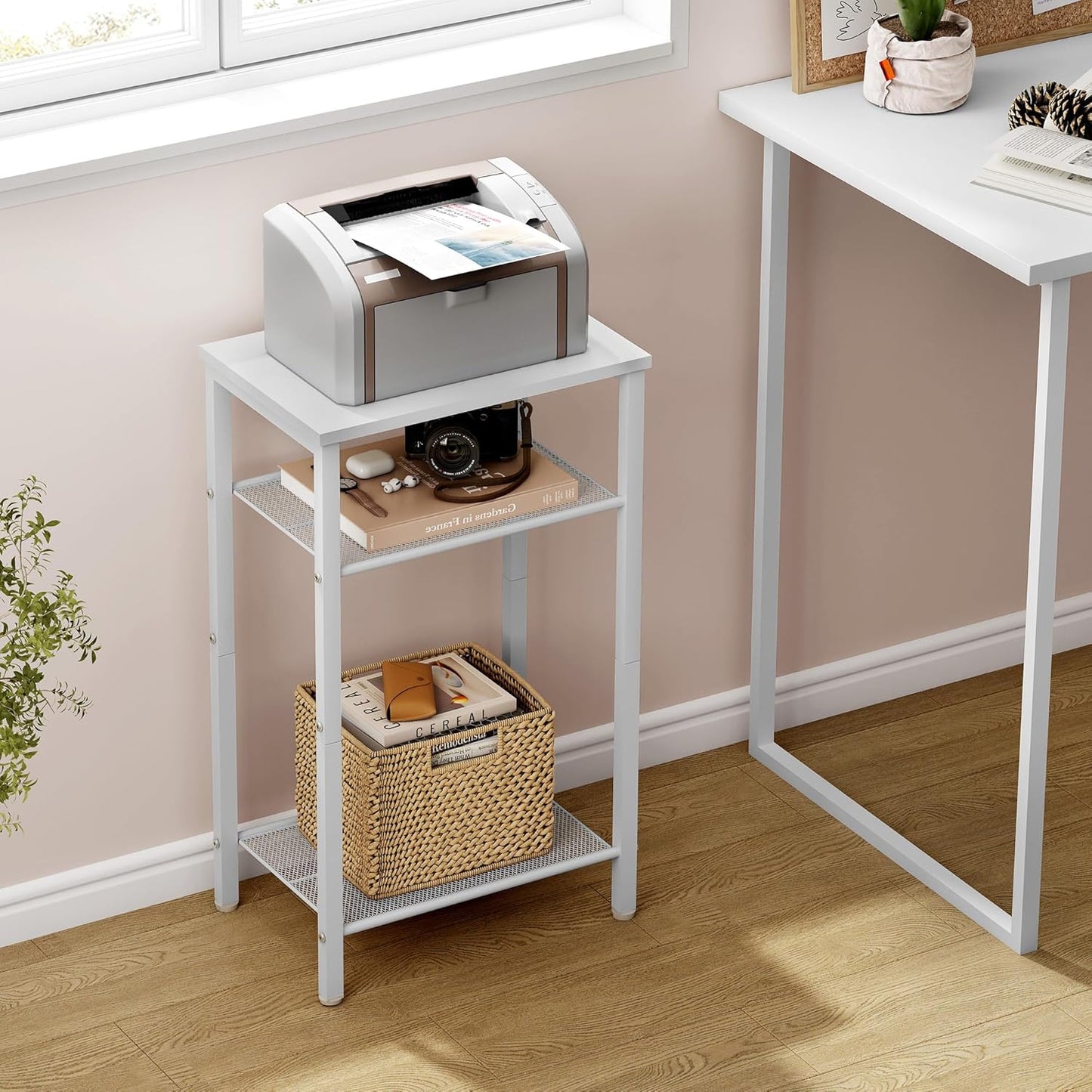 Hoctieon 3 Tier End Table, Telephone Table, Narrow Side Table with Storage, Nightstand for Small Spaces, Metal Frame, for Living Room, Bedroom, Sofa Couch, Hall, Easy Assembly, White