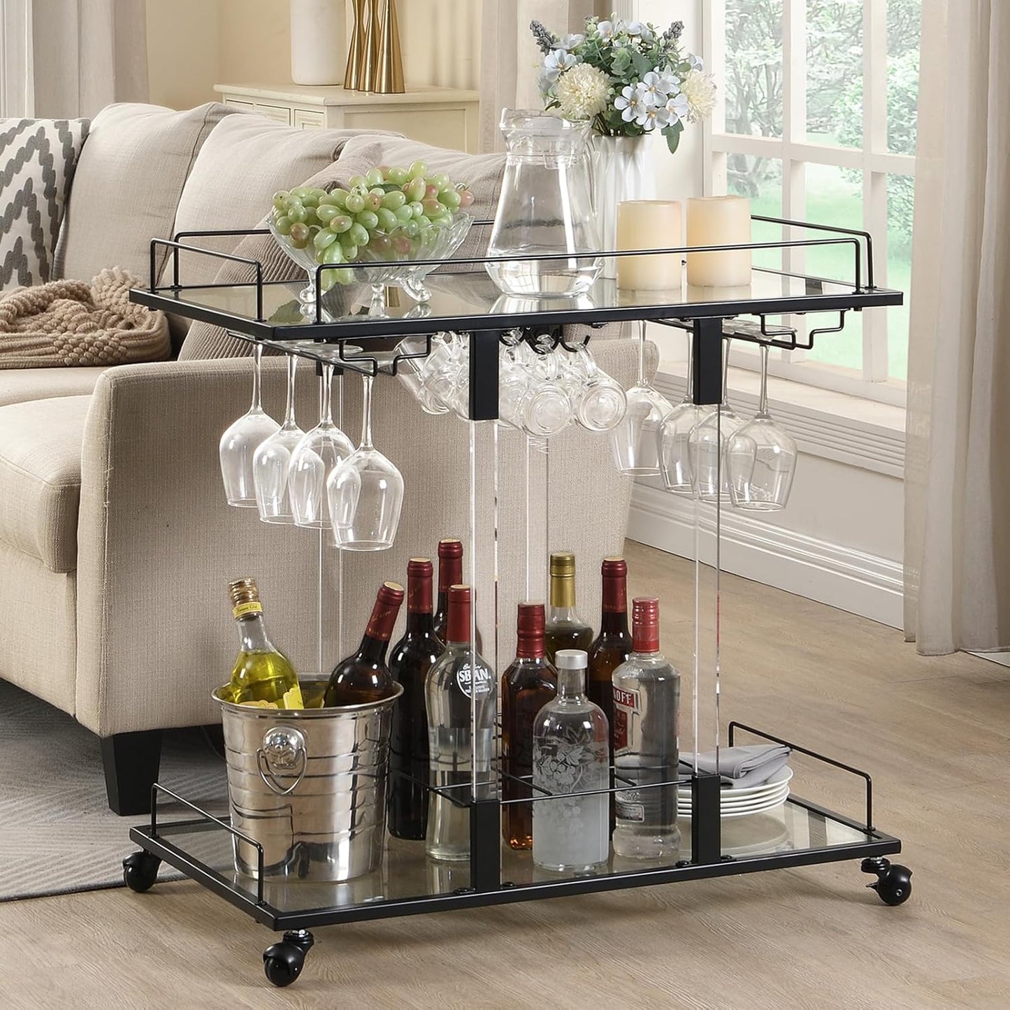 Bar Cart for Home Bar Chrome Serving Cart with Wine Rack 2-Tier Acrylic Rolling Bar Carts on Wheels Clear Dessert Cart Lucite Bar Stand Glass Liquor Cart for Living Room Kitchen Club Black