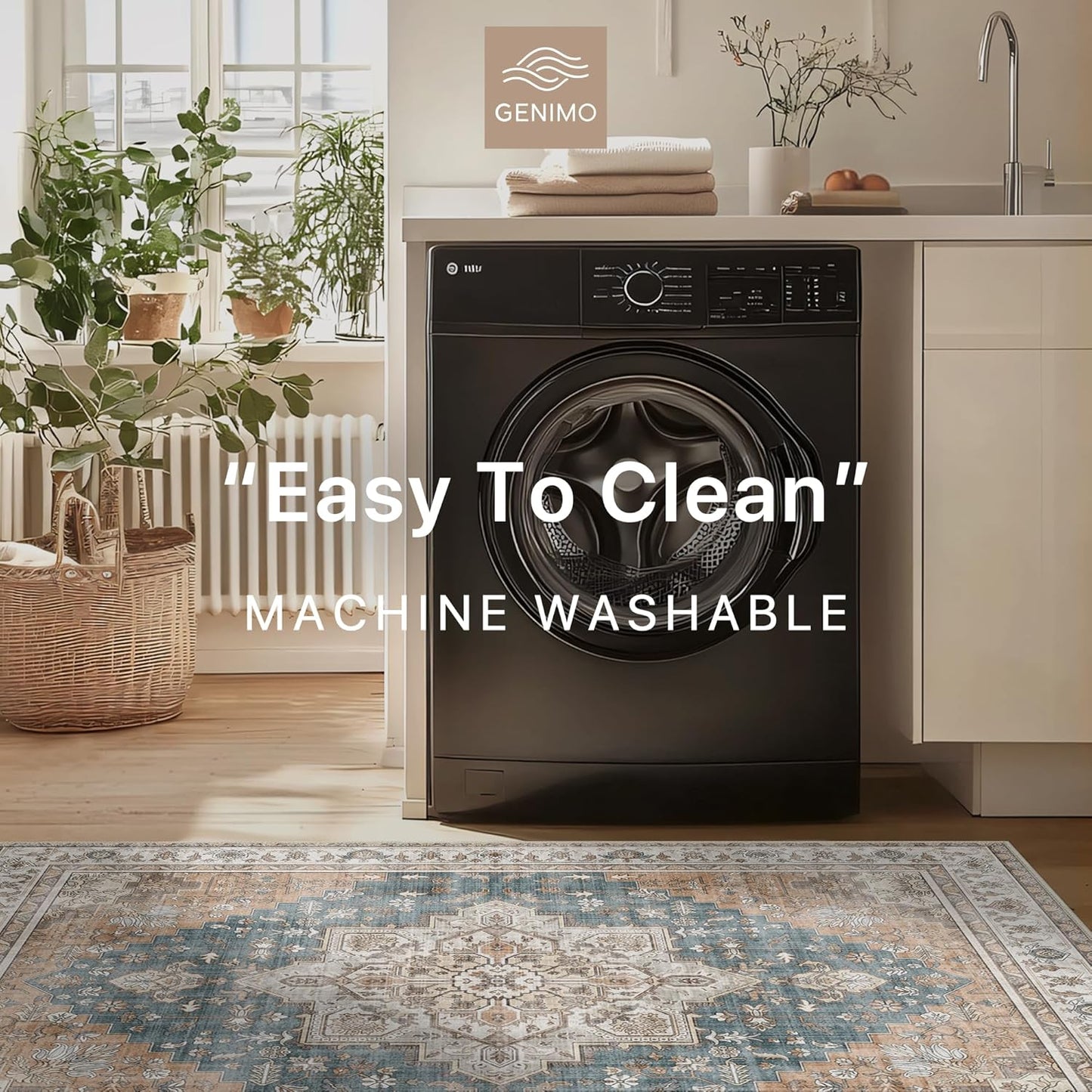 GENIMO 5x8 Area Rugs for Living Room, Machine Washable Low Pile Rugs, Chenille Non Alip Vintage Rug for Bedroom, Dining Room, Home Office, Blue Brown