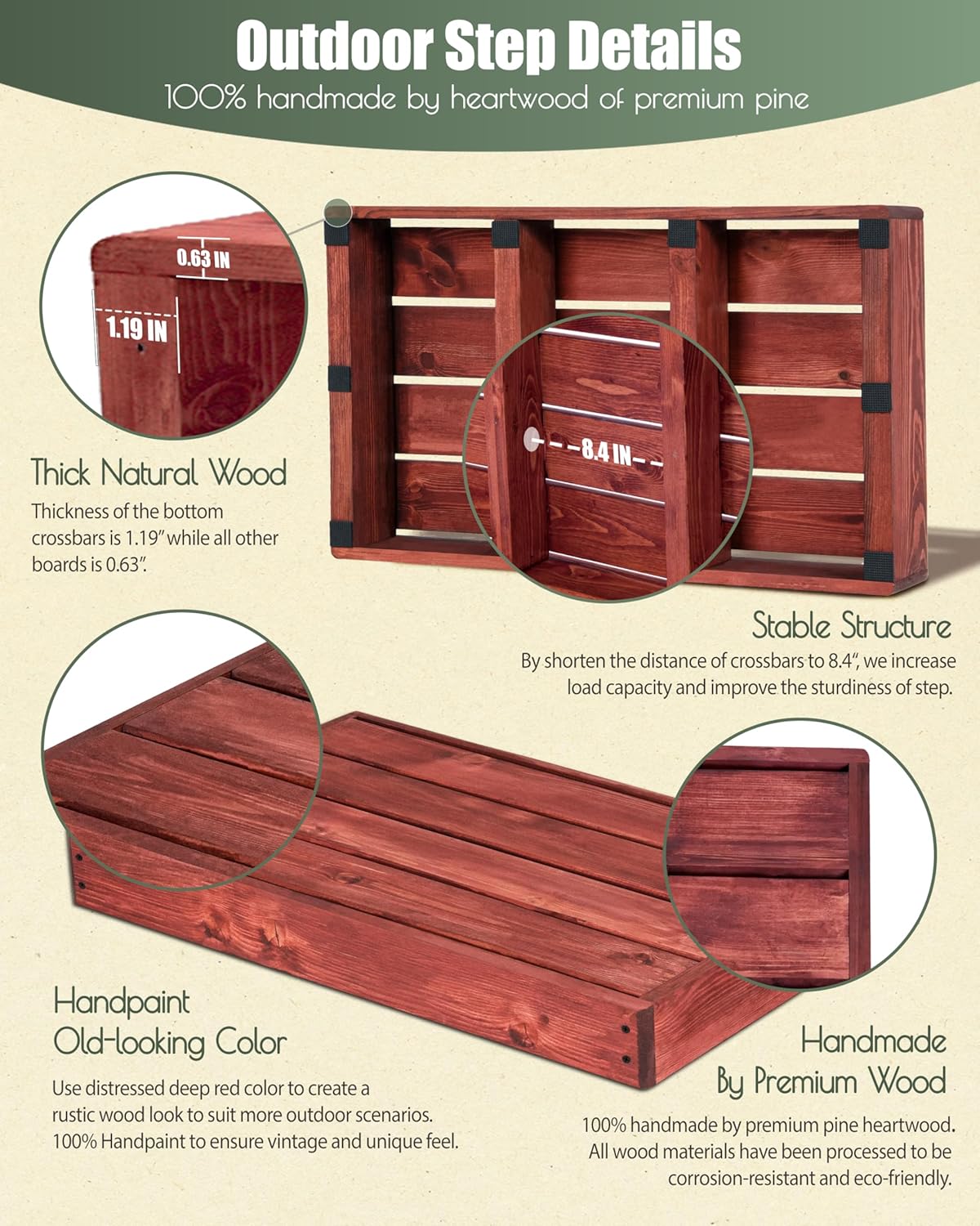 3.5"/6" Heightable Wooden Outdoor Step, 100% Heartwood Step Stools for Adults with 4 Additional Legs & Anti-Slip Traction Tape, One Step Stool for Elderly, Adults, Kids (30" L x 16" W)