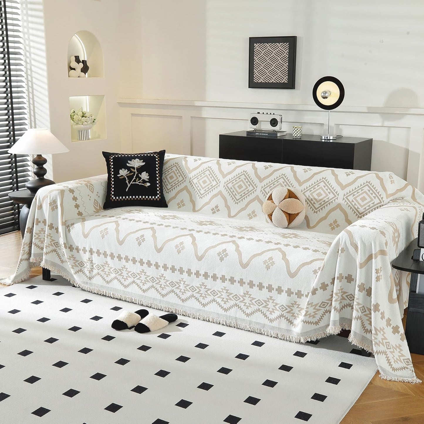 LUFEIJIASHI Boho Couch Covers for Sofa Non Slip Sofa Covers Washable Couch Covers for 3 Cushion Couch Sofa Pet Friendly Sectional Couch Cover Blanket Furniture Protector for Dogs (Khaki, 91"x134")