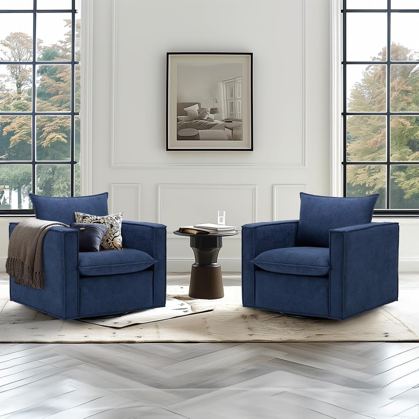 COLAMY Swivel Accent Chair Set of 2, 34 Inches Wide Upholstered Arm Chair with Plump Back Pillow, Modern Sofa Living Room Chair for Bedroom, Corner, Reading Nook-Blue