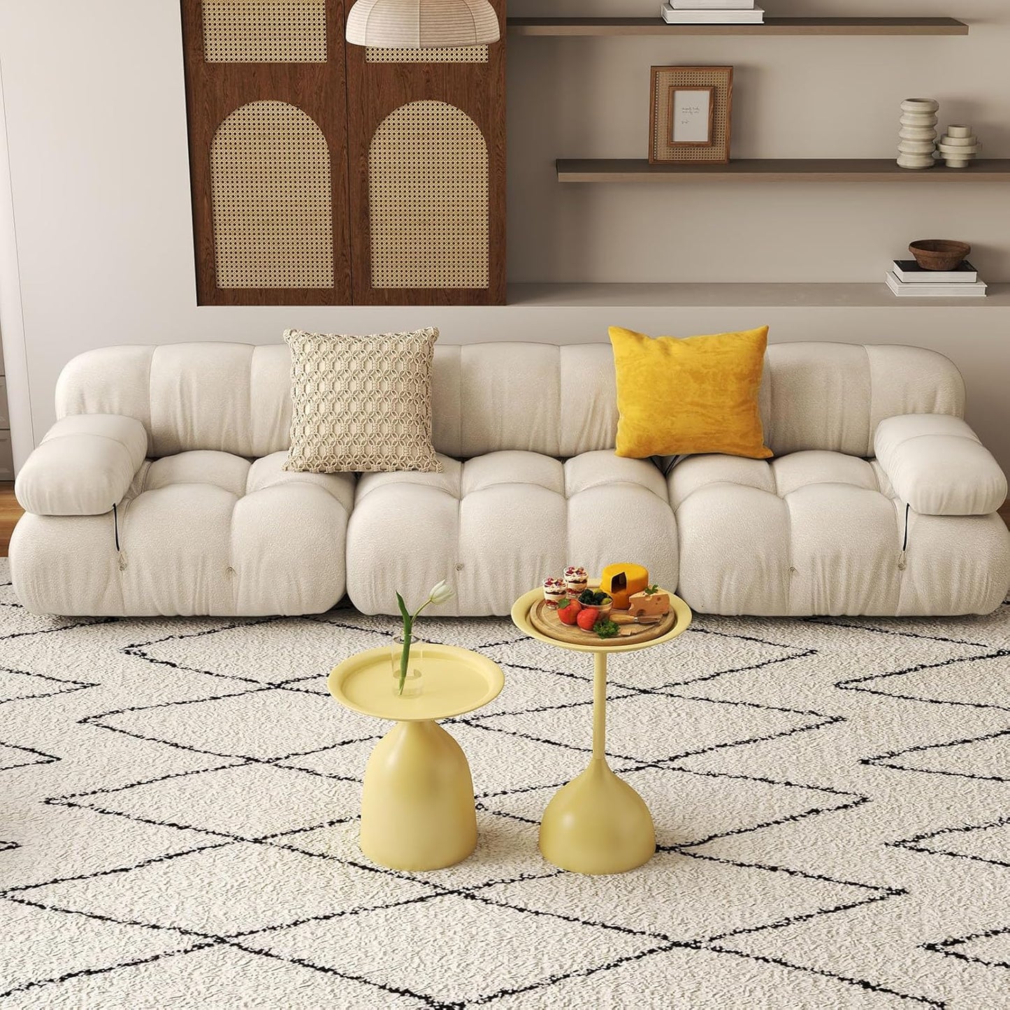 hitsuki Yellow Nesting Coffee Table Set of 2 Funky Colorful Round Metal End Side Tables for Living Room Sofa Retro Modern Pedestal nightstand Cute Matte Cream Yellow Side Table