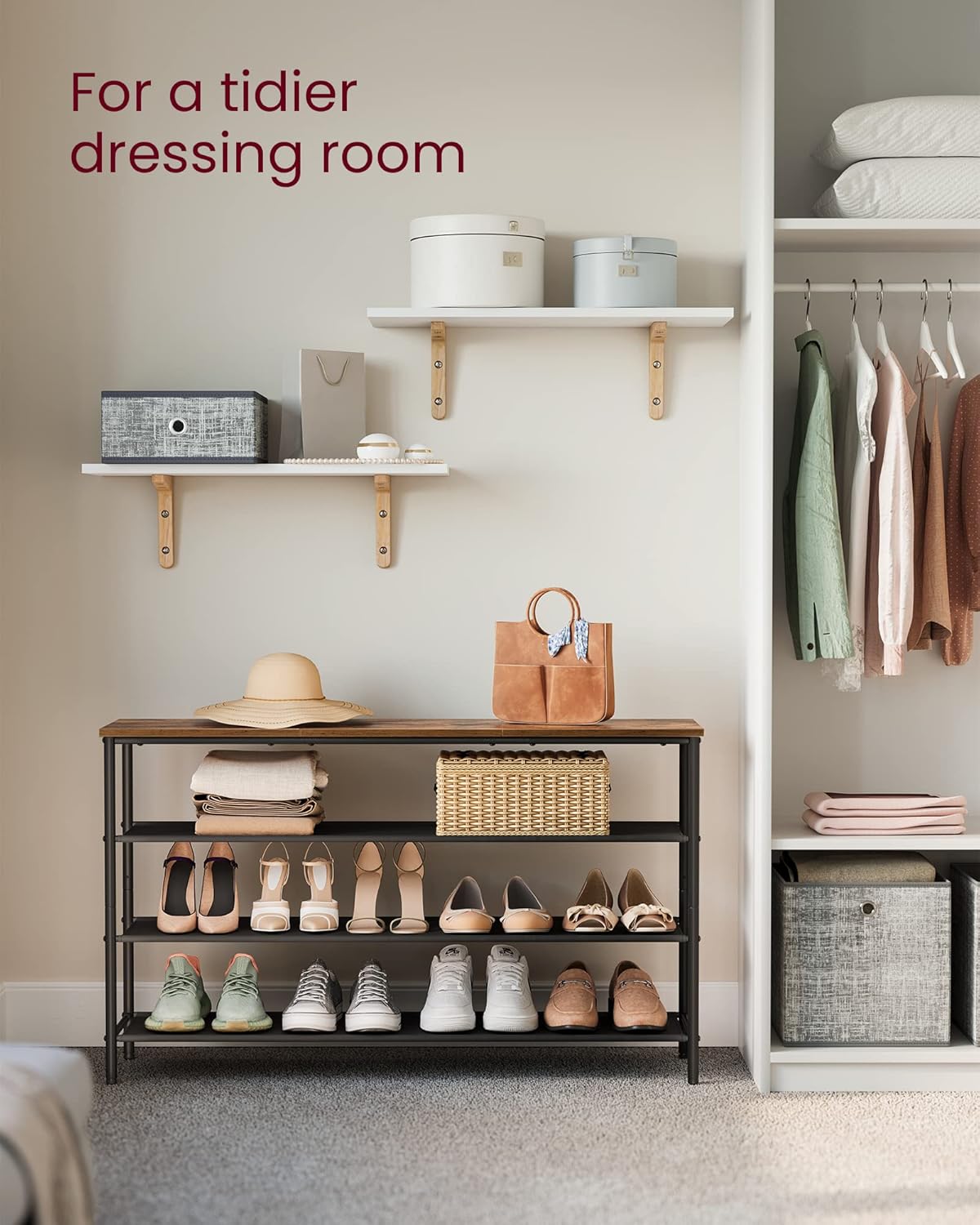 VASAGLE Shoe Rack, 4-Tier Shoe Storage Organizer for Entryway and Closet, Holds 15-18 Pairs of Shoes, 3 Fabric Shelves, Steel Frame, Industrial, Rustic Brown and Black ULBS135B01