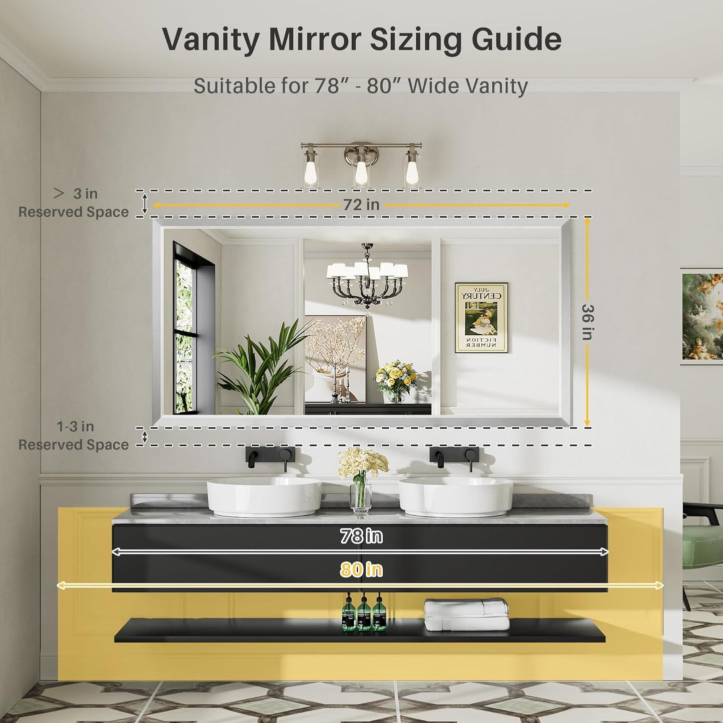 72x36 Inch Silver Bathroom Mirror for Wall, Thick Metal Framed Rectangle Mirrors for Over Sink, Bedroom, Living Room, Entryway, Anti-Rust, HD Tempered Glass