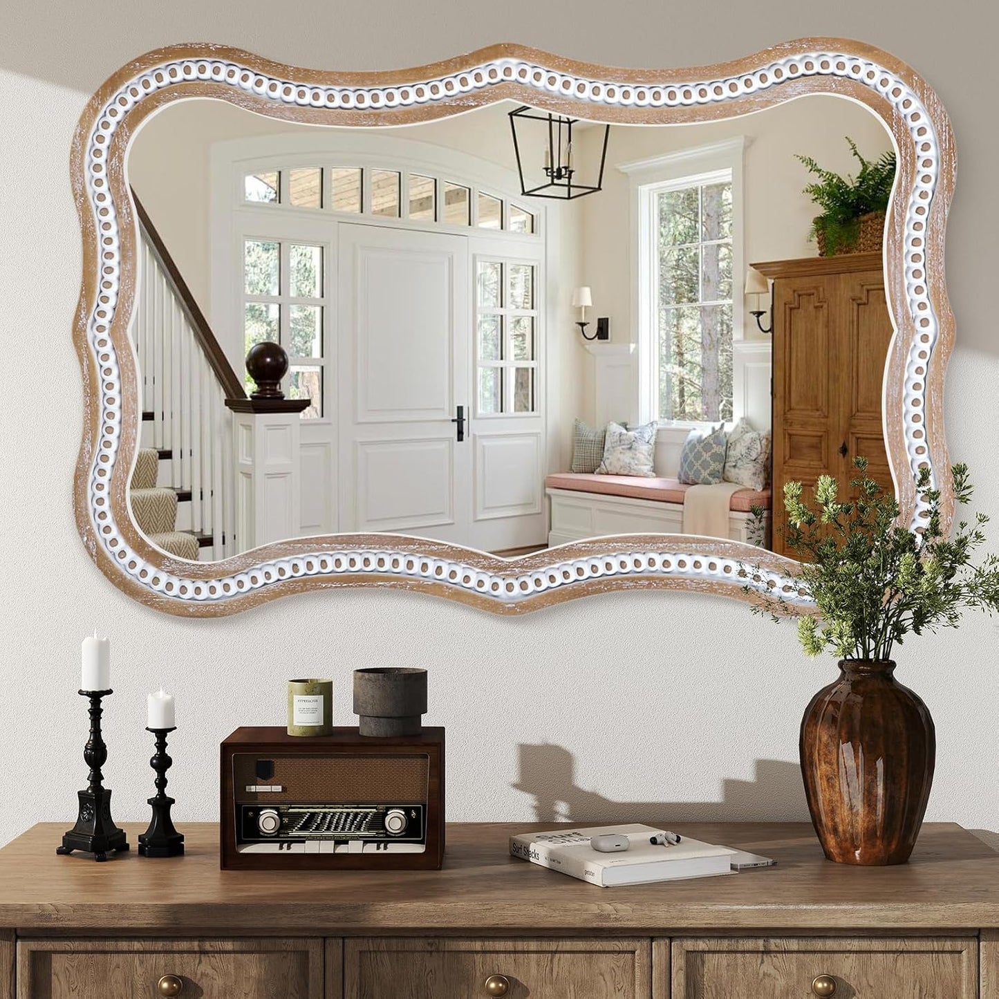 35" x 24" Rustic Farmhouse Mirror for Wall Decor, Wooden Beads Decorative Mirrors for Living Room, Bedroom, Hallway, Bathroom, Entryway - Vertical or Horizontal Hanging