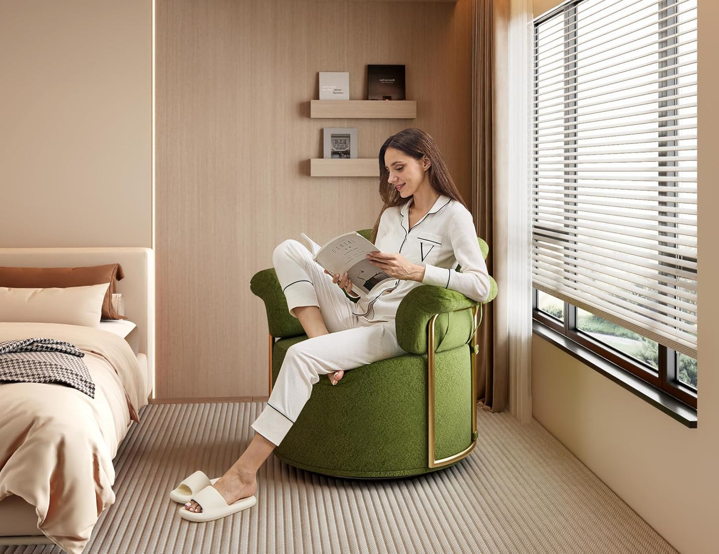 KEIKI Modern Comfy Swivel Accent Reading Chair, 360°Round Upholstered Barrel Armchair Single Club Lounge Sofa Chairs for Living Room,Bedroom, Office,Green