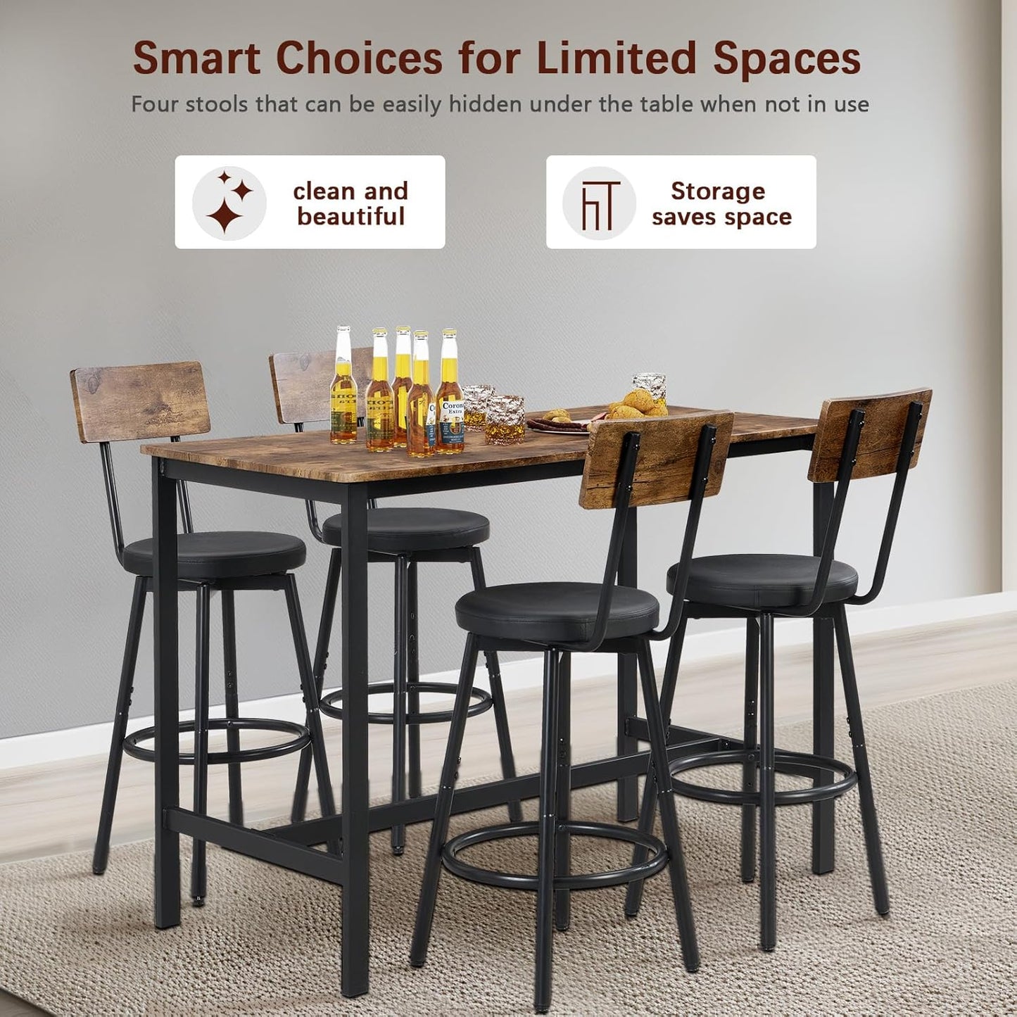 Tatub Bar Table and Chairs Set of 4, 5 Piece Counter Height High Breakfast Table Chairs Set of 4 for Dining Room, Brown