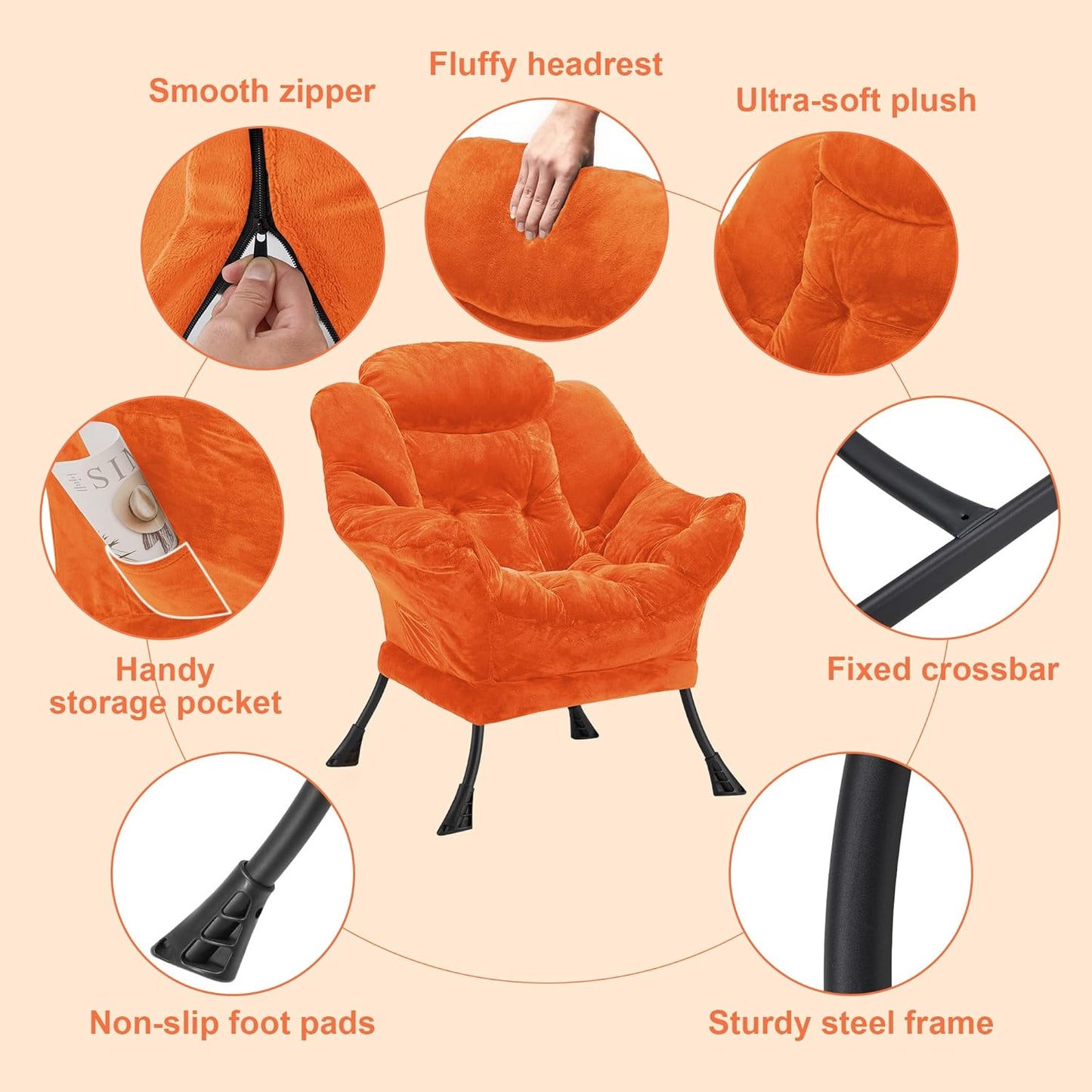 Fabric Lazy Chair for Adults, Oversized Upholstered Sofa Chair, Plush Comfy Lounge Chair with Large Side Storage Pocket, Thick Padded Reading Chair for Living Room, Bedroom, Office, Orange