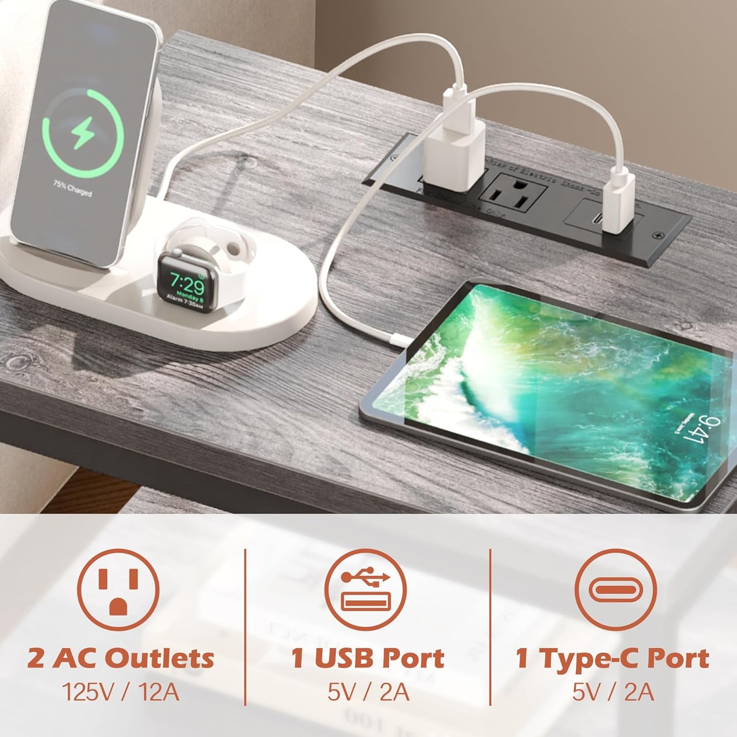 SUPERJARE Nightstand with Charging Station, Bed Side Table with Adjustable Fabric Drawer, Night Stand for Bedroom, 3-Tier Storage End Table, for Living Room, Charcoal Gray