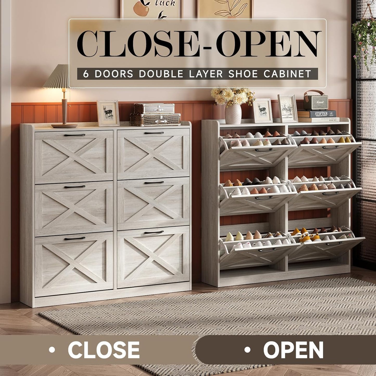 Maupvit Large Shoe Storage Cabinet with 6 Flip Drawers, Freestanding Shoe Organizer with Metal Handles for Entryway, Narrow Shoe Rack Cabinet, Beige