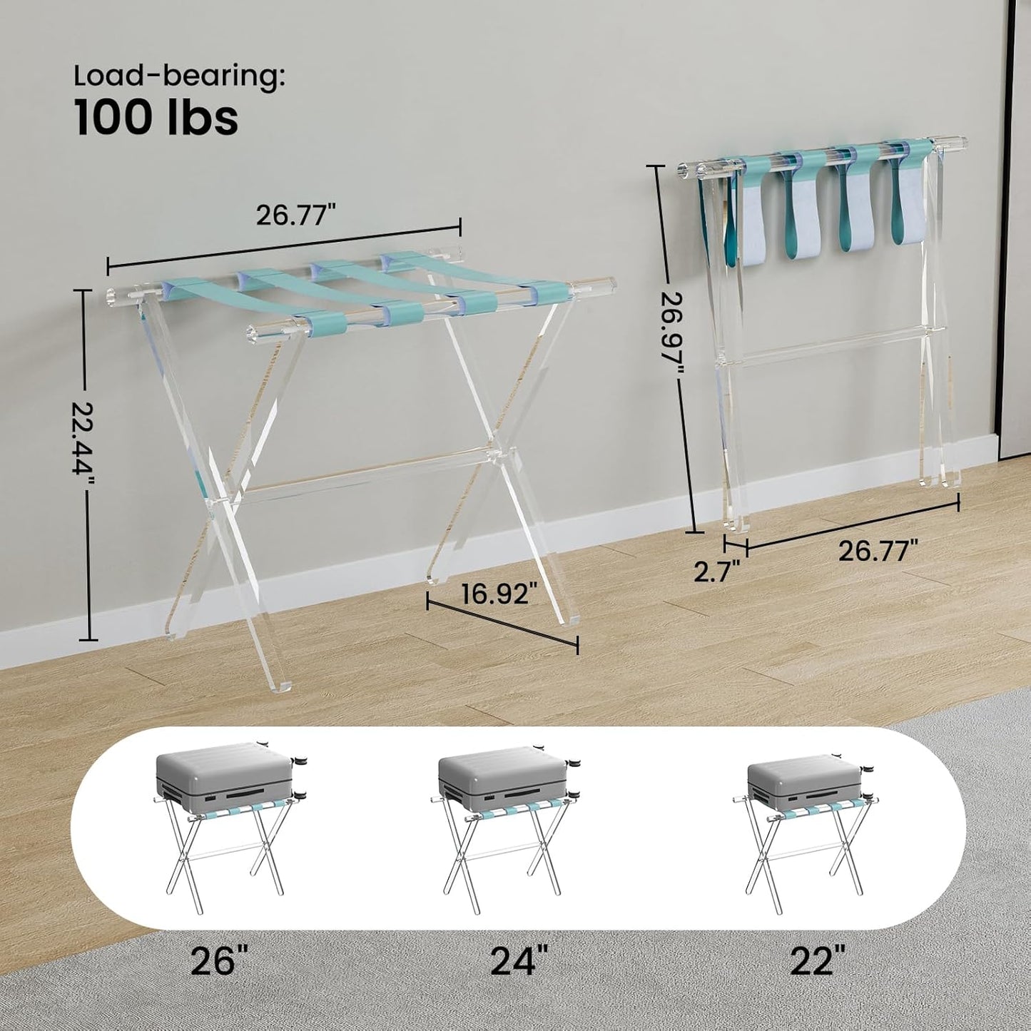 Sumerflos Acrylic Luggage Rack for Guest Room - Foldable Suitcase Stand with Leather Straps for Bedroom Living Room Hotel Heavy-Duty, Holds up to 50-100 lb lightweight Space Saving (Blue & Handle - 1 Pcs)