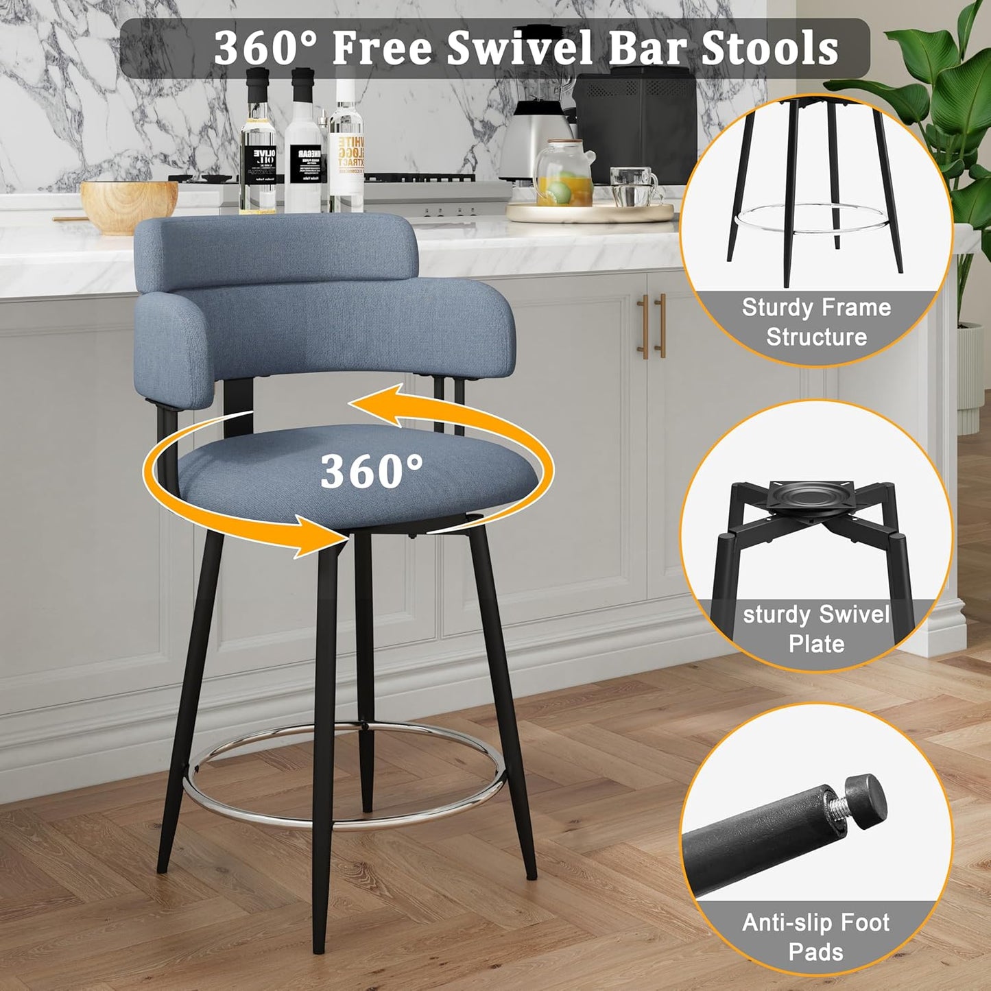 Swivel Bar Stools Set of 2, Counter Height Bar Stools with Ergonomic Full Back, Upholstered Linen Fabric Barstools with Chrome Metal Footrest for Kitchen Island, Dining Room