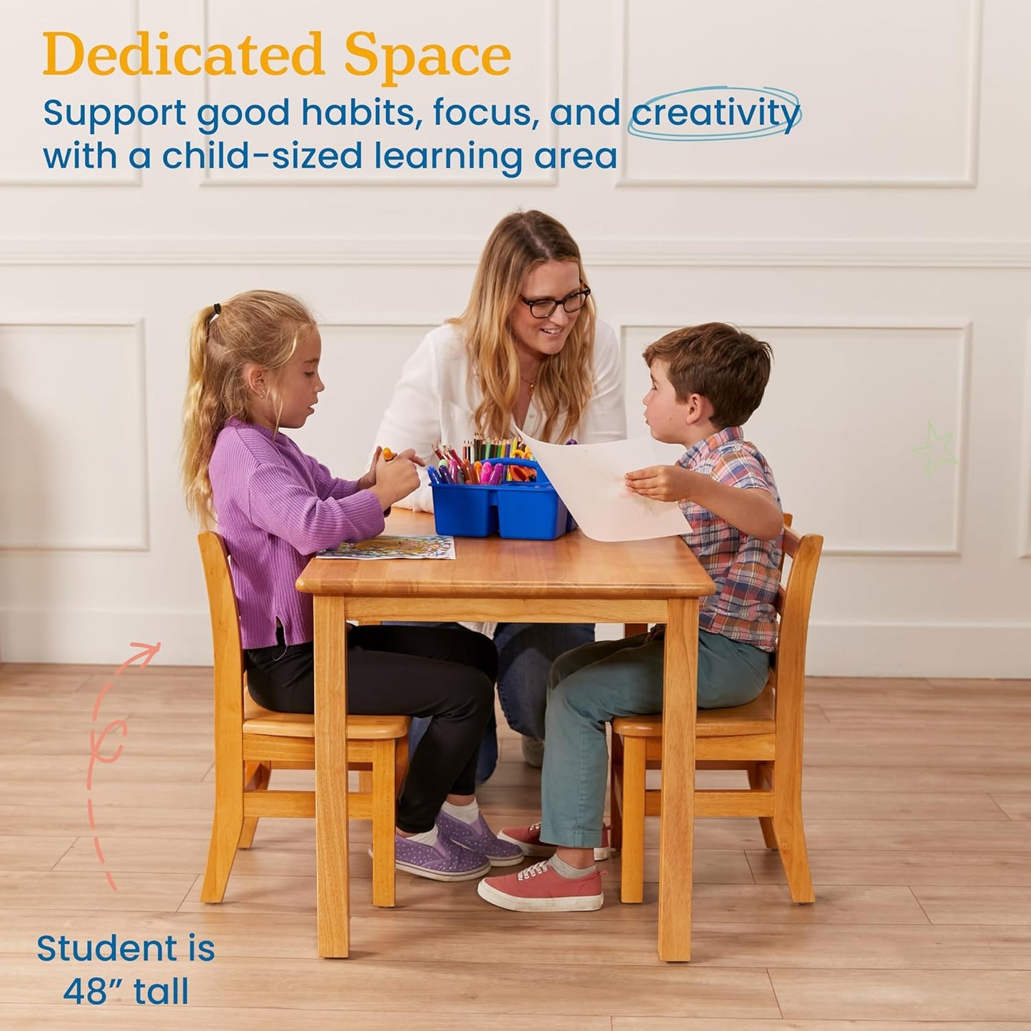 ECR4Kids 24in x 36in Rectangular Hardwood Table and Chair Set, 12in Seat Height, Kids Furniture, Honey