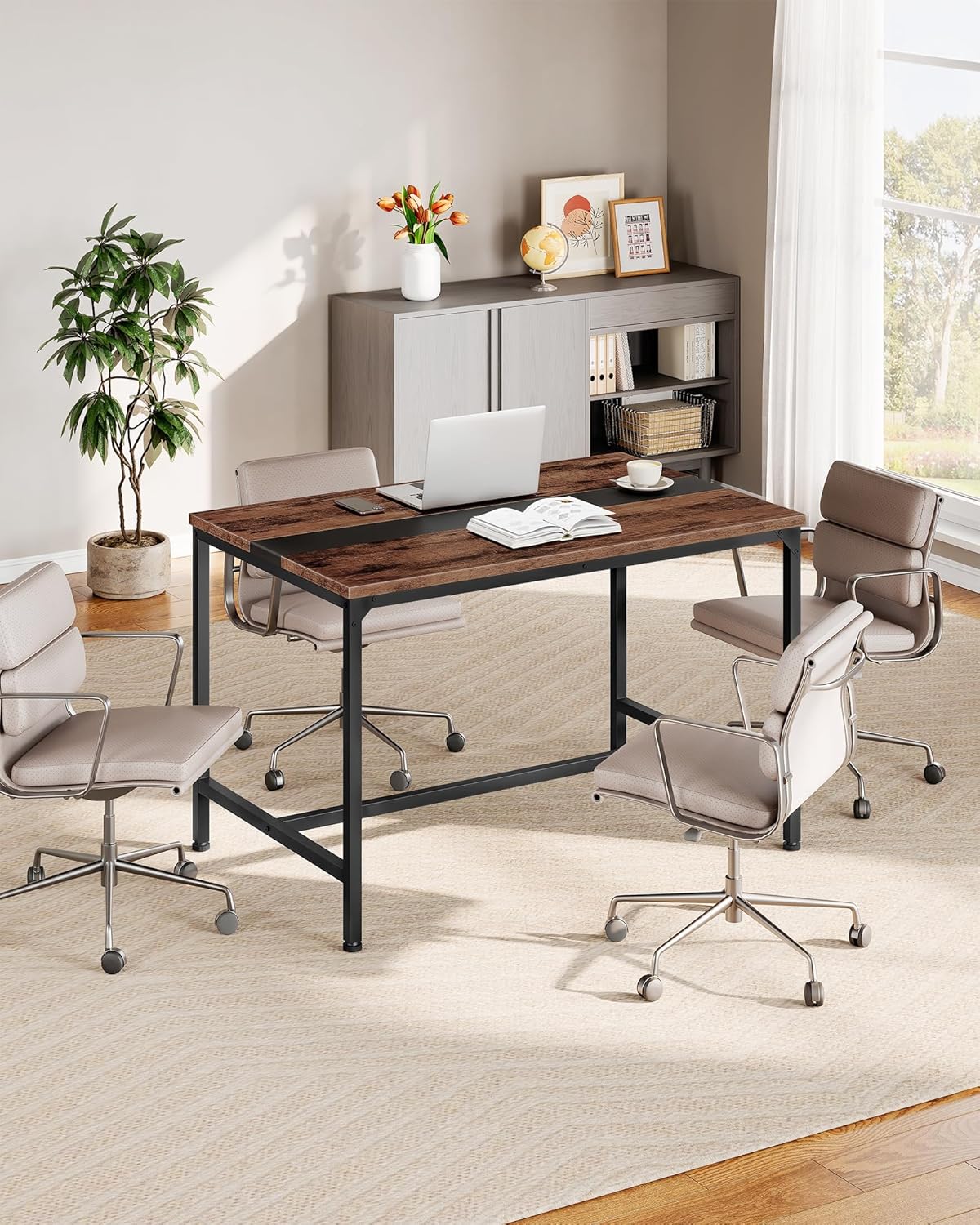 47.2'' Dining Table, Rectangle Color-Blocked Kitchen Dinner Table, for 6 People, Writing Desk, for Dining Room, Living Room, Office, Rustic Brown and Black TCZ12BF