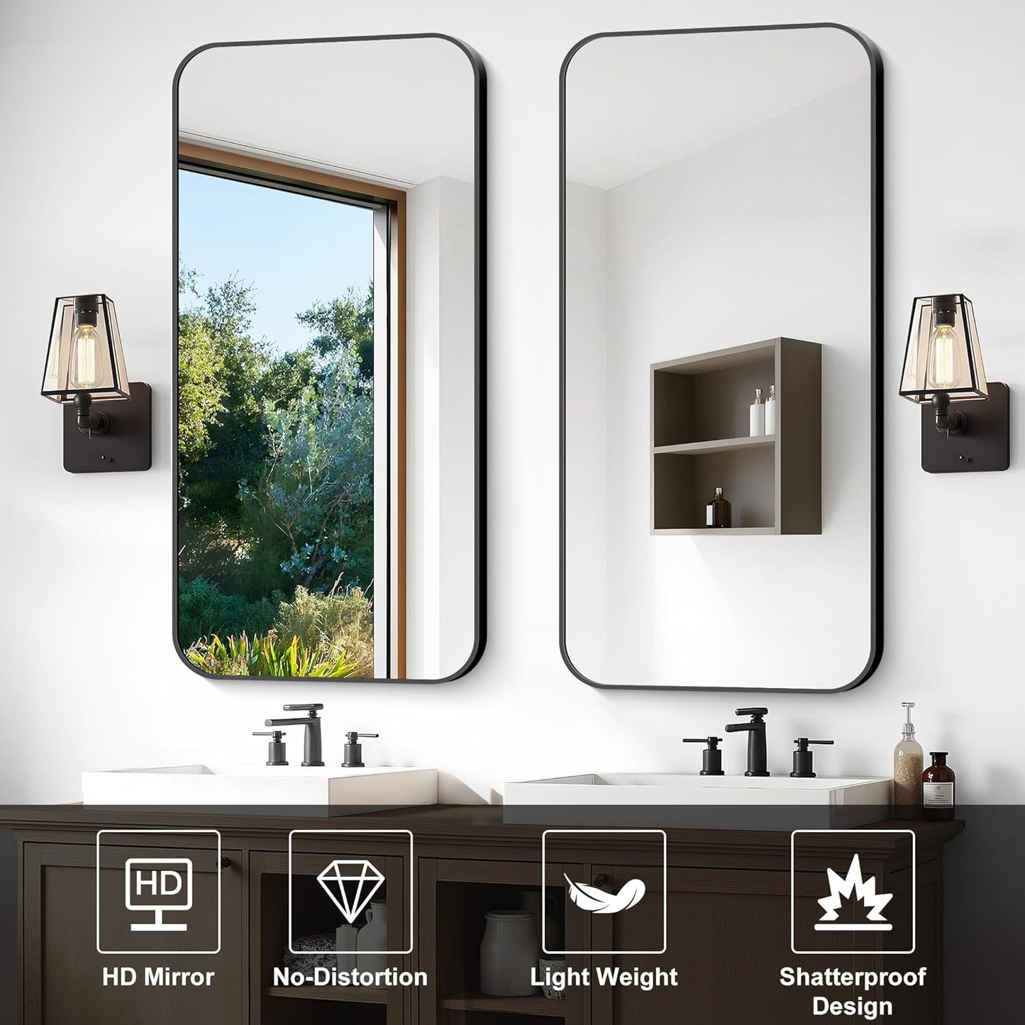 Bathroom Mirror, 48 x 24 inch Black Rectangle Wall Mirror, Metal Framed Rectangular Vanity Mirror, Rounded Corner Wall Mounted Mirror for Modern Bedroom Living Room Horizontal/Vertical