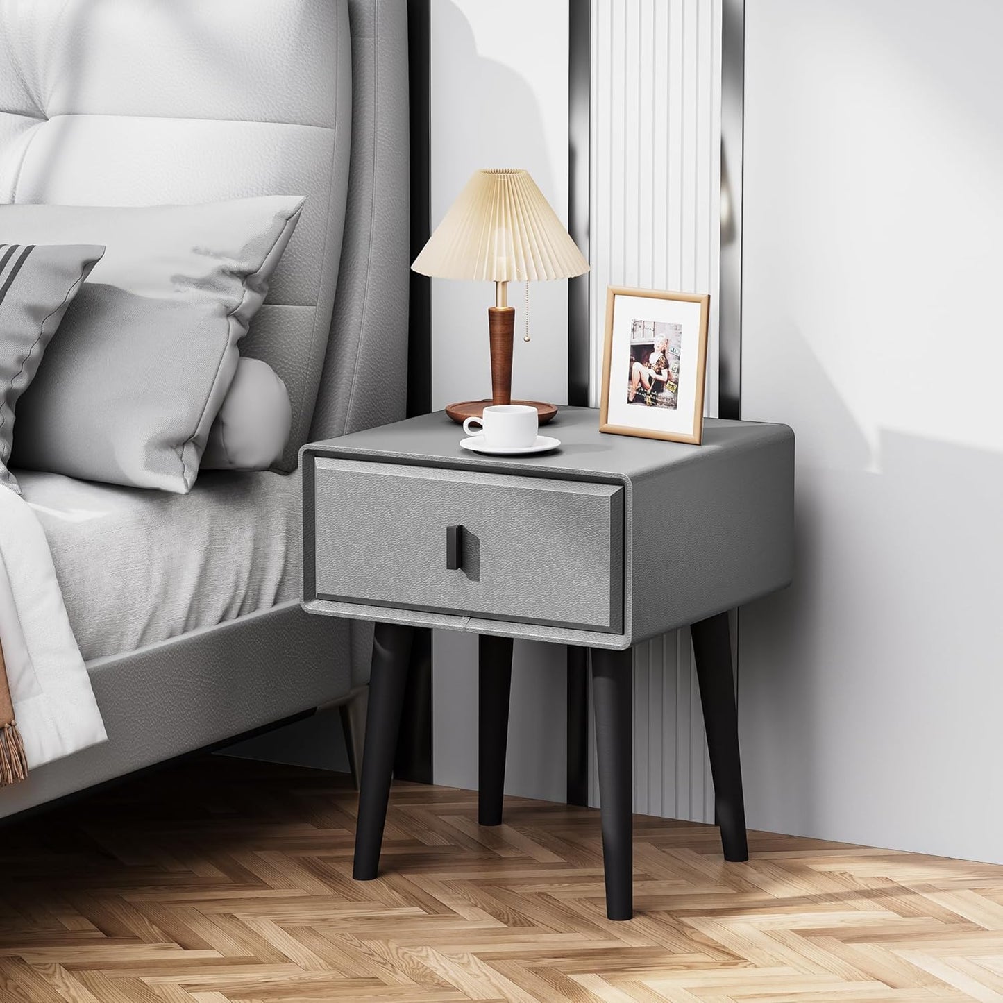 VICITON Modern Faux Leather Nightstand, Solid Wood Drawer, with 4 Wood Legs, Small Side End Table for Bedroom (Light Gray)