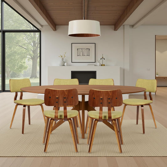 Armen Living Jaguar Mid-Century Dining Chair in Walnut Wood and Green Fabric - Set of 6