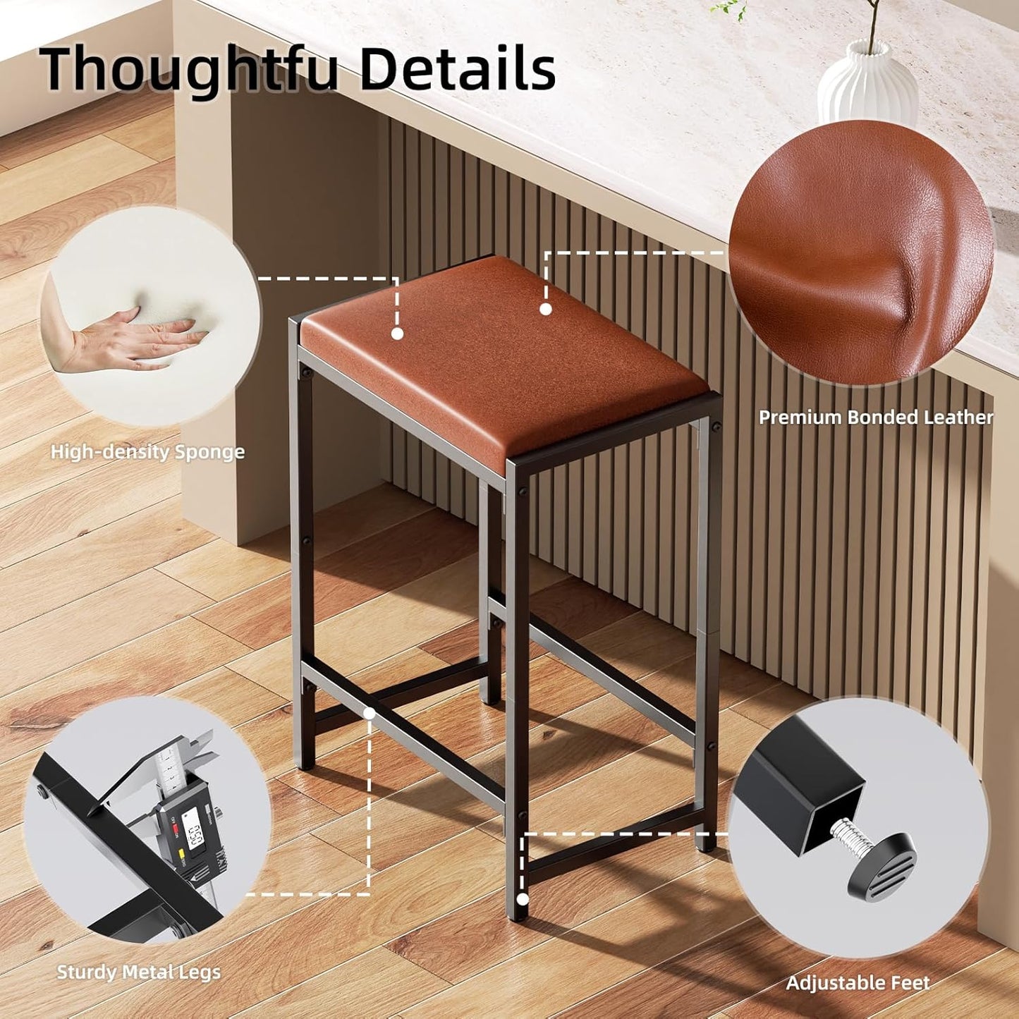 Bar Stools, Bar Chairs, Counter Height Bar Stools, Kitchen Counter Stools with Footrests, Synthetic Leather Mid-Century Modern, 25-Inch Tall, for Kitchen, Dining Room, Counter, Bar, Cafe