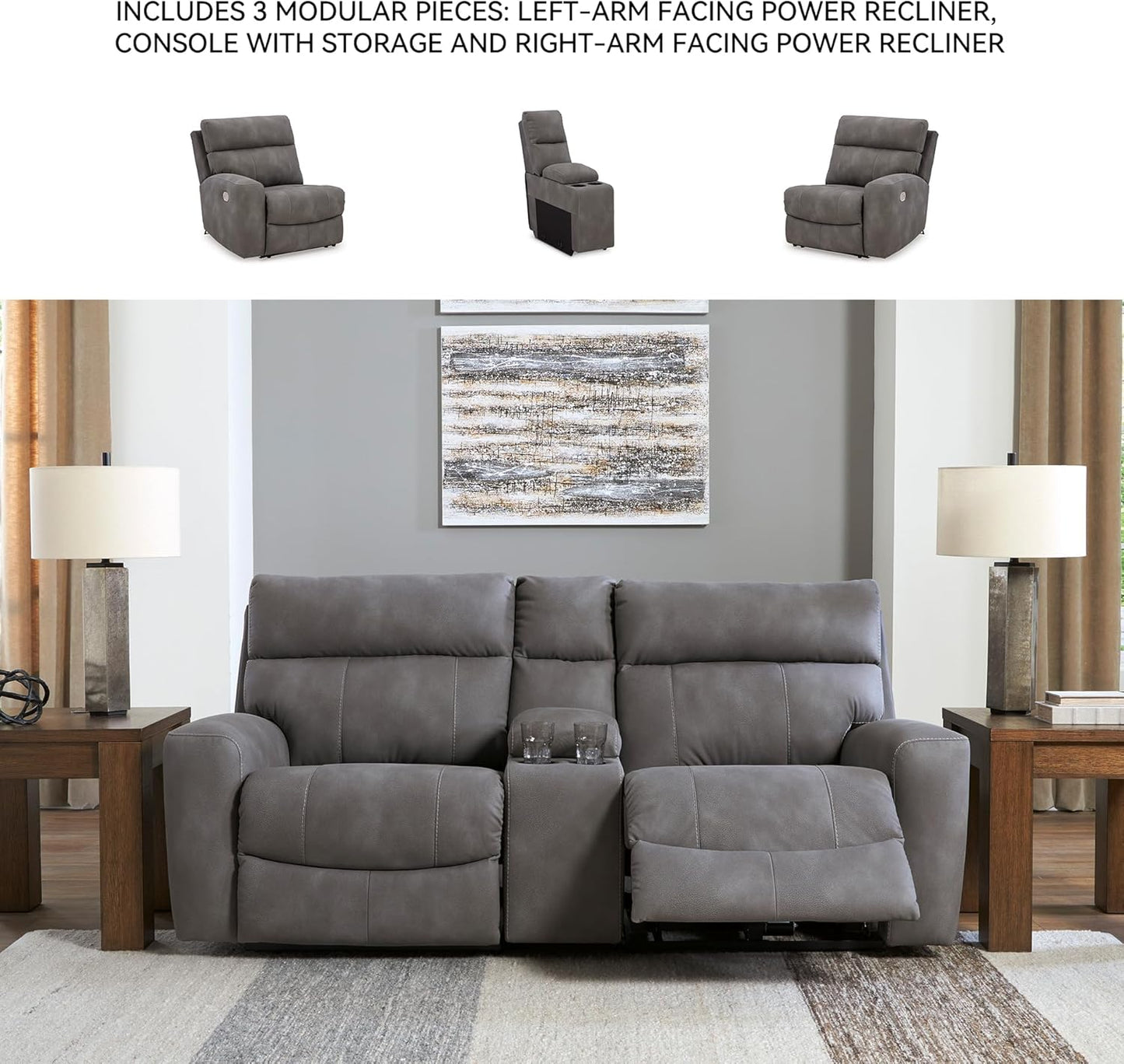 Signature Design by Ashley Next-Gen DuraPella Contemporary Faux Leather Modular Wall Hugger 3-Piece Power Reclining Sectional Loveseat with Console, Adjustable Headrest and USB Ports, Gray