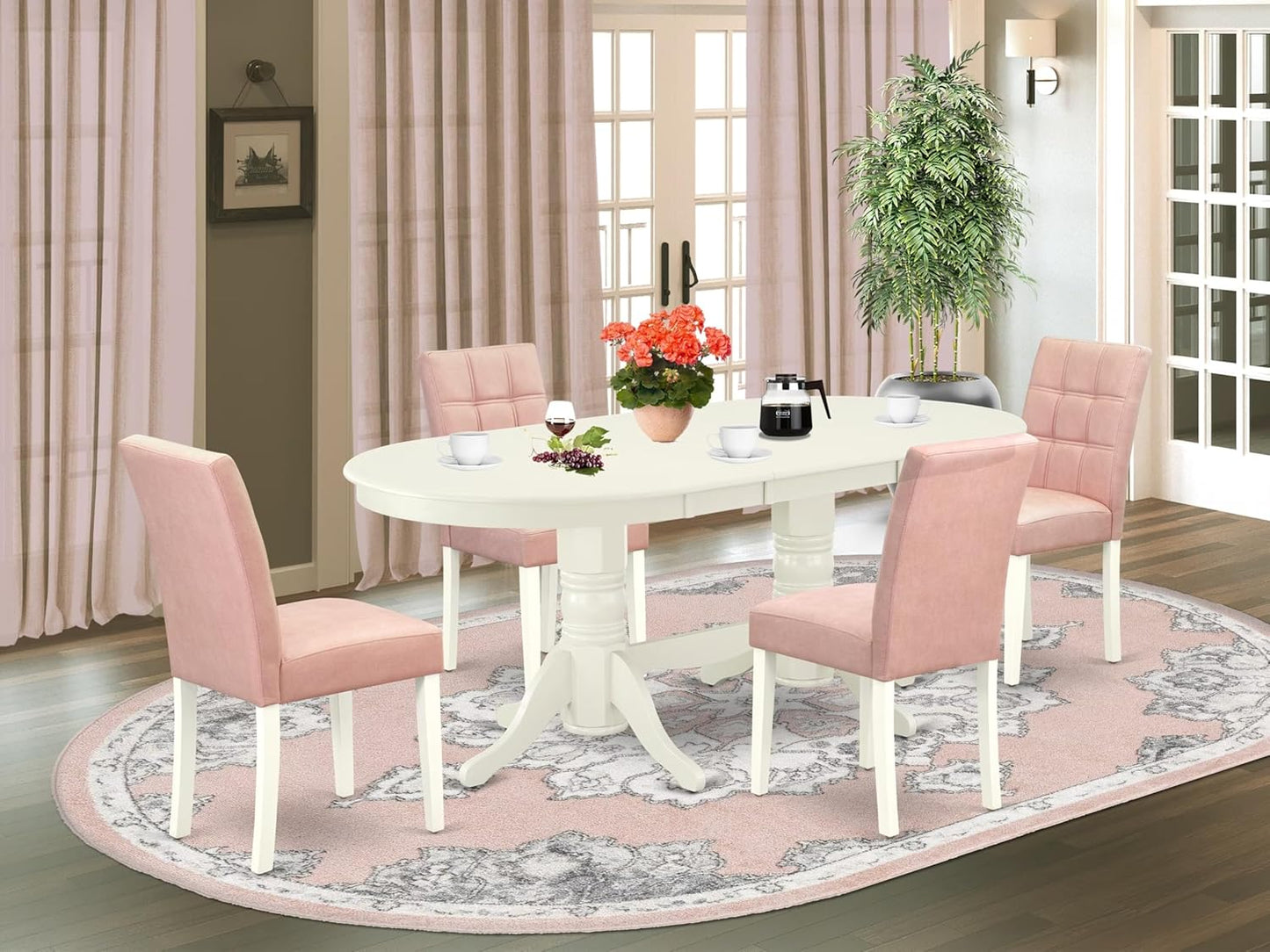 East West Furniture VAAS5-LWH-42 5 Piece Mid-Century Dining Table Set Includes A Wood Table and 4 Beige Red Polyester Fabric Padded Chairs with Stylish Back- Linen White Finish