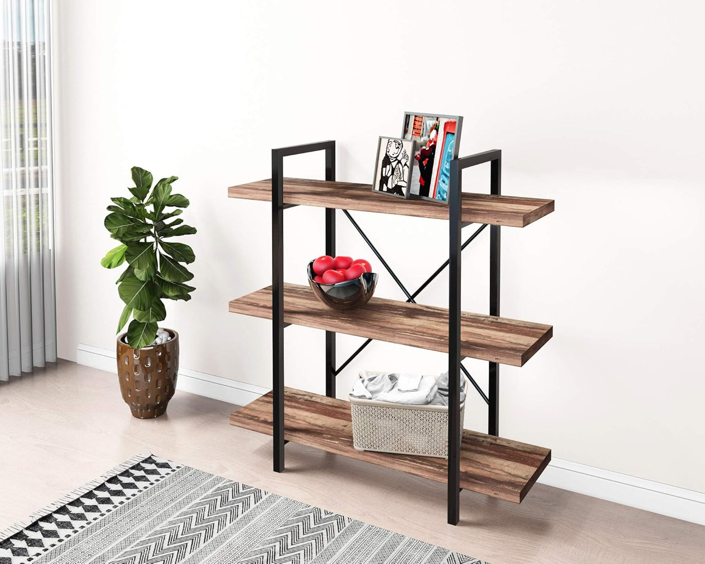 45MinST 3-Tier Vintage Industrial Style Bookcase/Metal and Wood Bookshelf Furniture for Collection,Vintage Brown, 3/4/5 Tier (3-Tier)