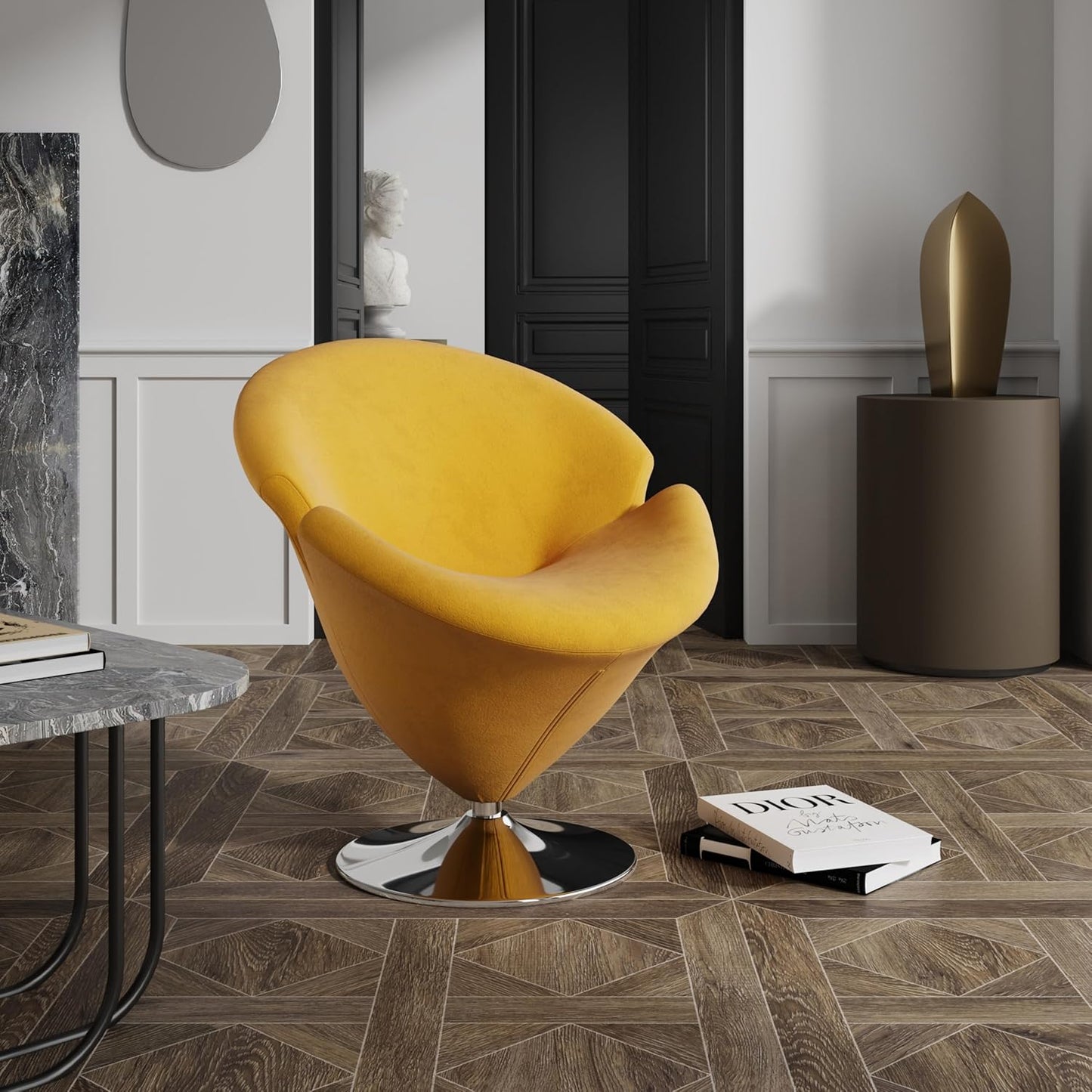 Manhattan Comfort Tulip Swivel Accent Chair Set of 2 with 360° Turn, Modern Flower Inspired Design, Soft Velvet Upholstery, Polished Chrome Base, No Assembly Required, 300 Lbs Capacity, Yellow