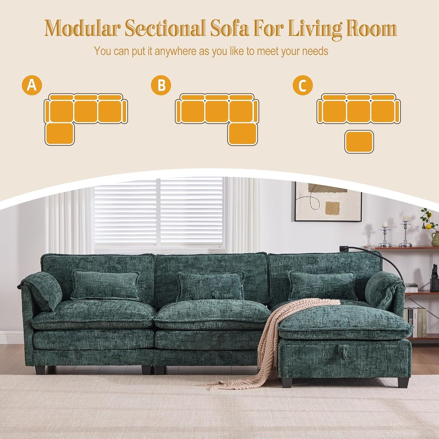 Ball & Cast Modular Sectional Sofa,Comfy Cloud Couch with Movable Storage Ottoman,L Shaped Sectional Sofa W/USB Charging Port,Phone Holder and Side Pocket,Chenille Fabric,for Living Room,Emerald,109"