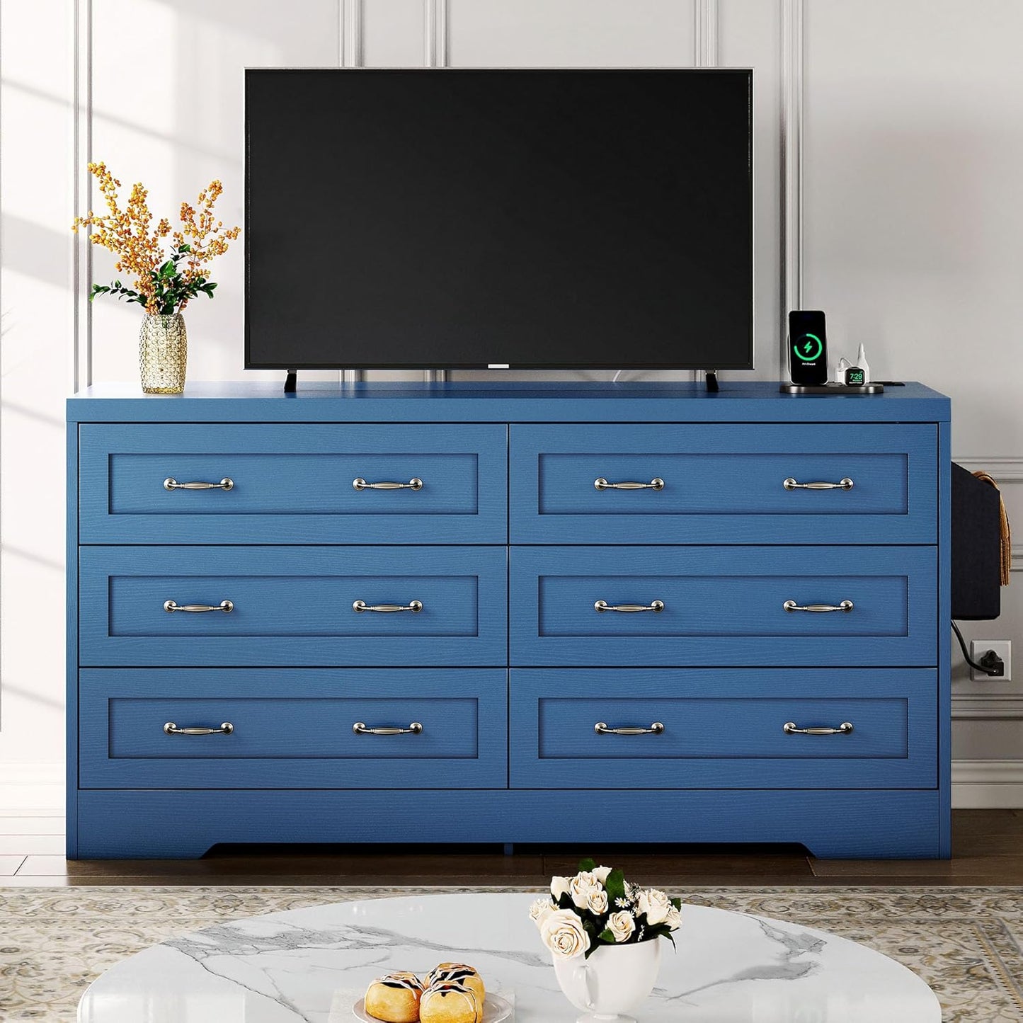 YITAHOME Drawers TV Stand for 65 inches with Power Outlets -Chest of Drawers Dresser with Side Organizer Bag Entertainment Center TV Console, Blue