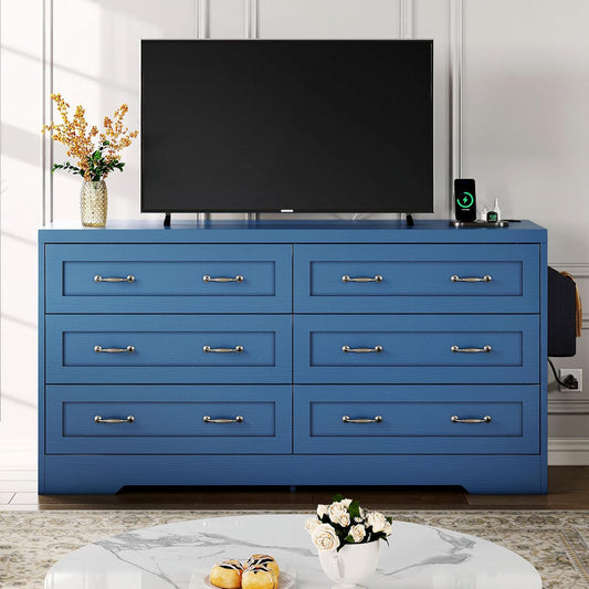 YITAHOME Drawers TV Stand for 65 inches with Power Outlets -Chest of Drawers Dresser with Side Organizer Bag Entertainment Center TV Console, Blue